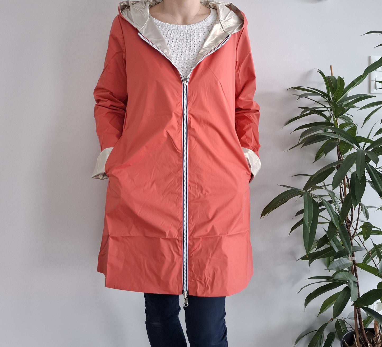 Laura Jo - Imperméable réversible long sans garnissage ouate couleur corail/doré