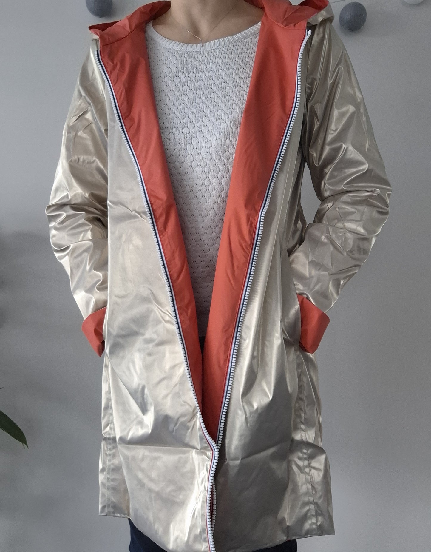 Laura Jo - Imperméable réversible long sans garnissage ouate couleur corail/doré