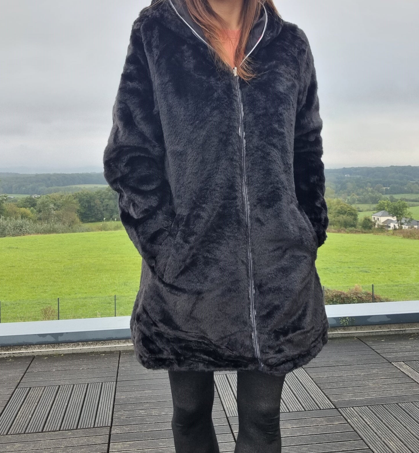New Lolo - Manteau long NOIR réversible, imperméable et complètement fourré non resserrable à la taille