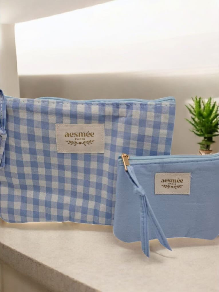 Pochette et trousse en coton vichy motifs à carreaux bleu et crème