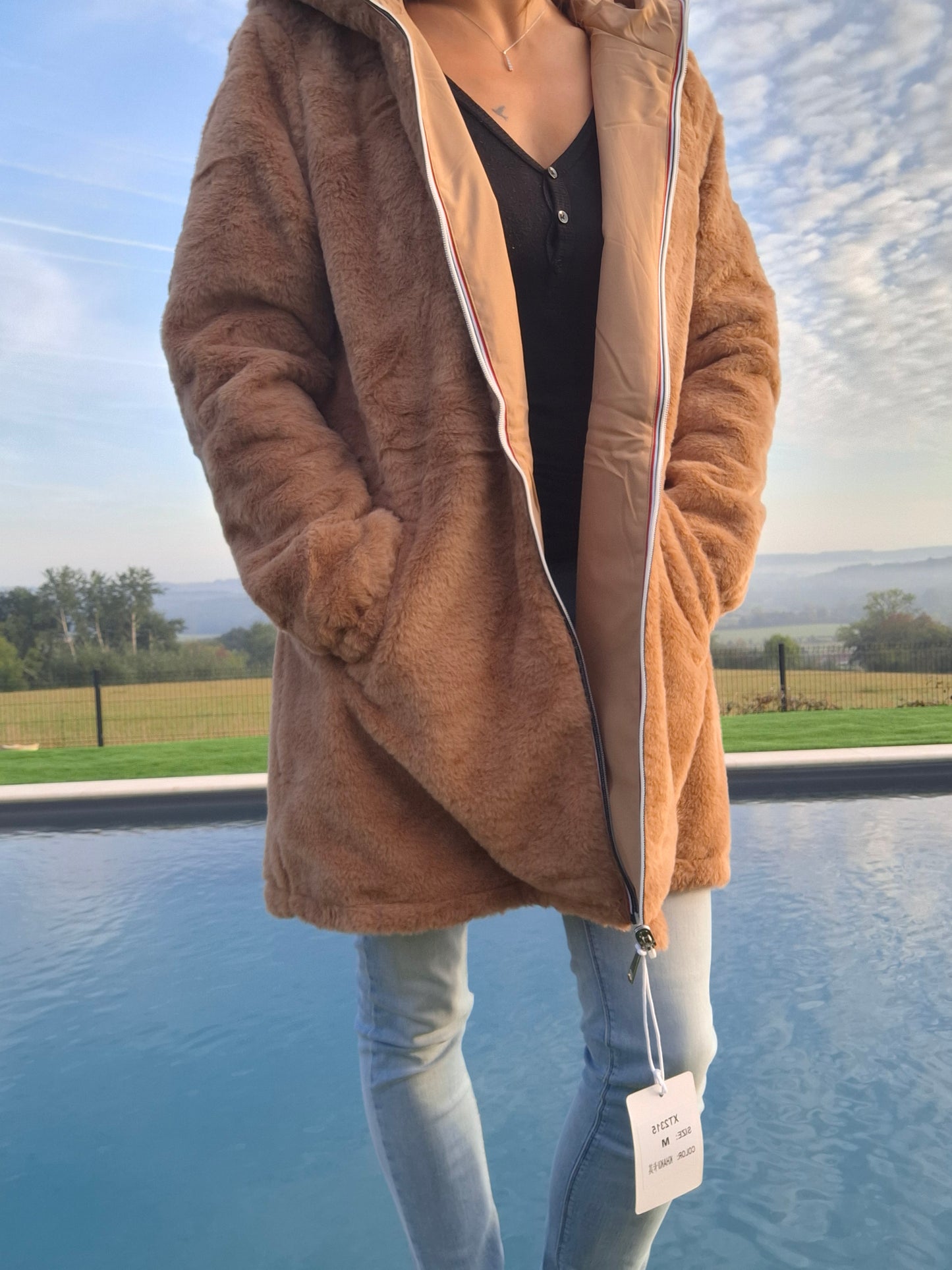 New Lolo - Manteau long camel clair fourré complet réversible imperméable