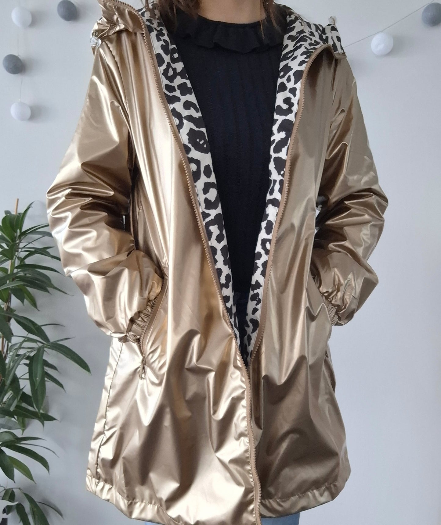 Attrait Paris - Manteau long sans ouate imperméable doré réversible avec motif léopard avec capuche