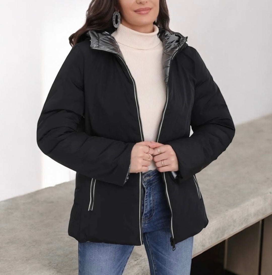 Melya Melody - Manteau court noir réversible et imperméable matelassé argenté brillant