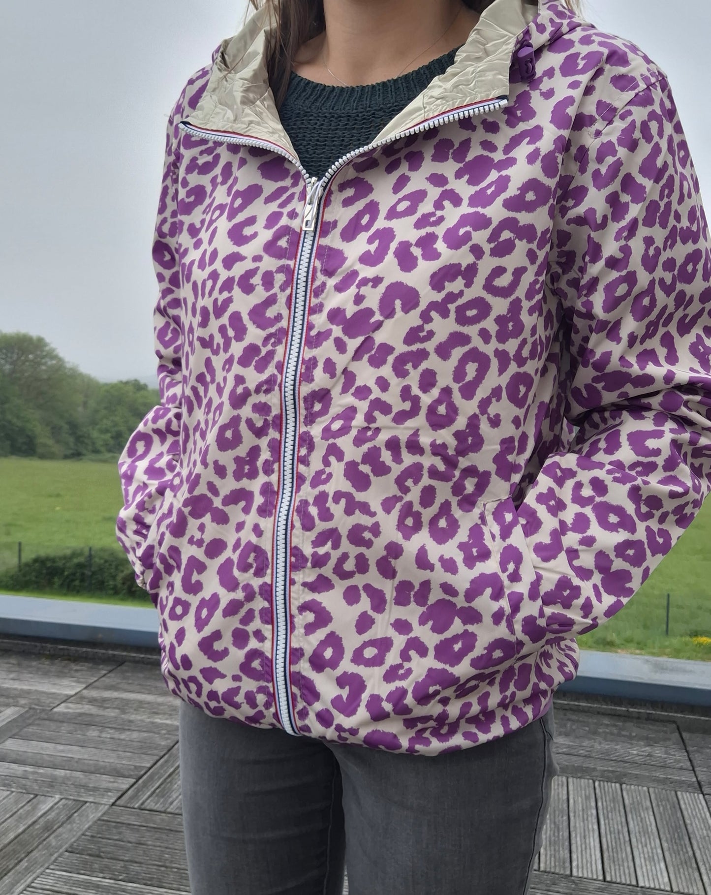 Escandelle - Parka imperméable courte Léopard violet réversible doré