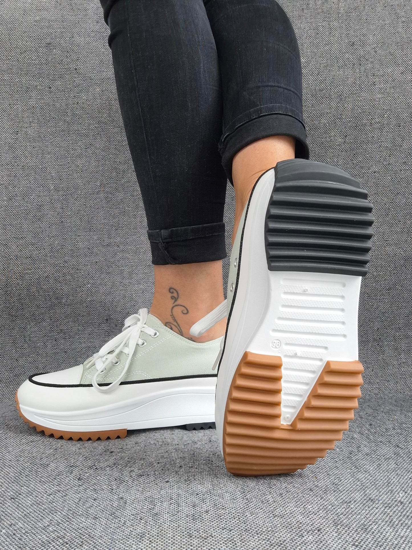 Chaussures baskets basses plate-forme tissu toile vert d'eau