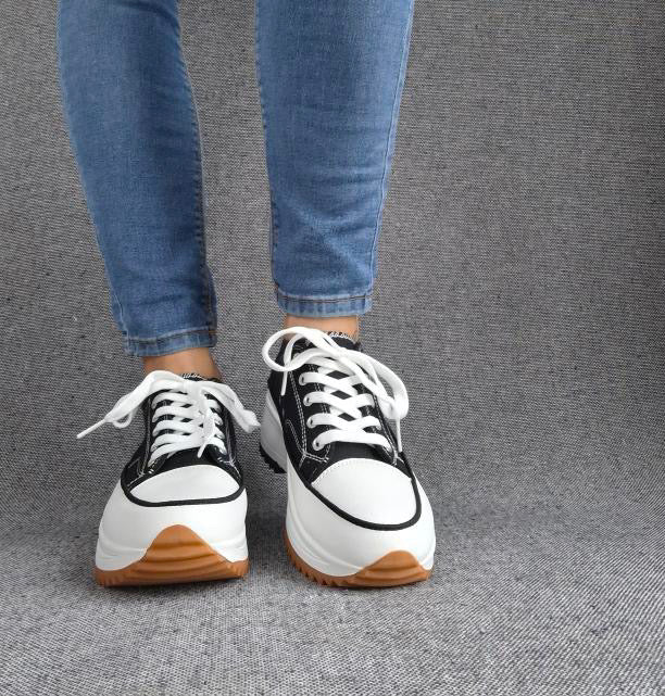 Chaussures baskets basses plate-forme toile noir et blanc