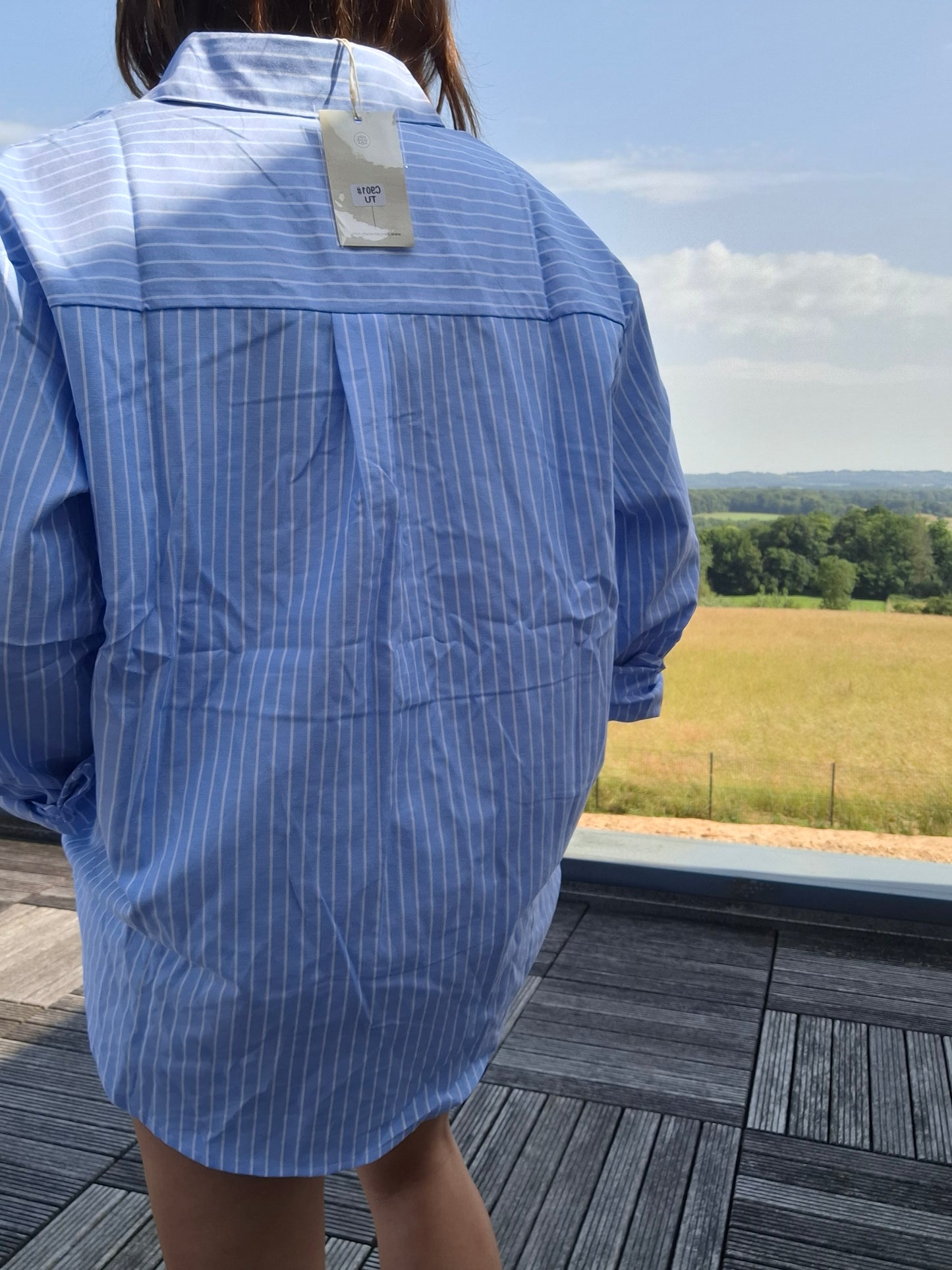 Chemise coton manches longues rayée bleue avec un cœur rouge