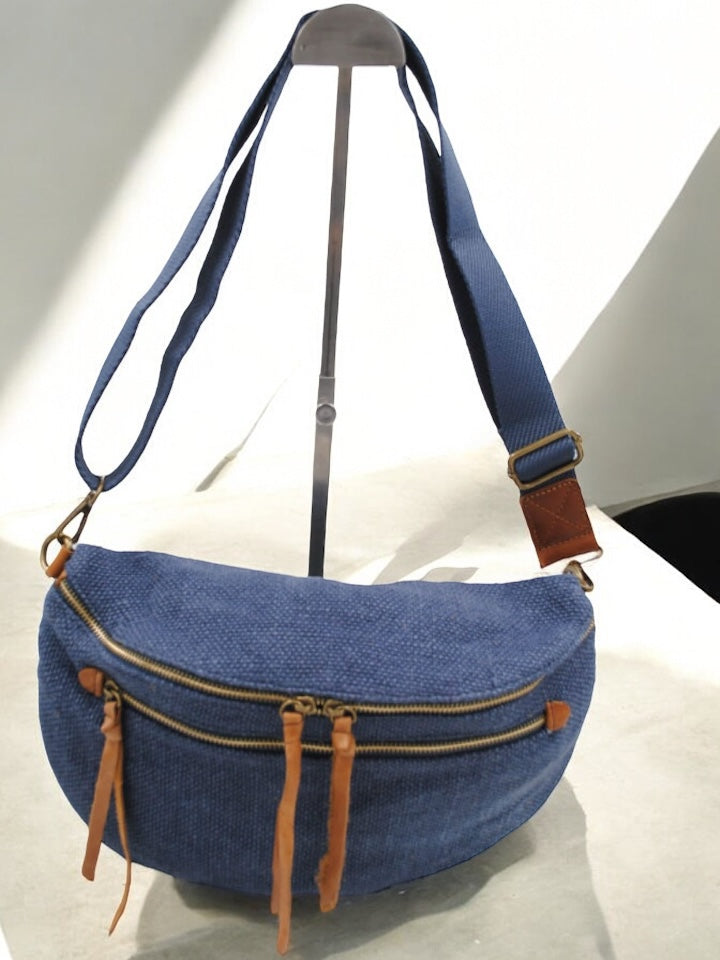 Sac banane en jute bleu denim 2 poches doubles curseurs
