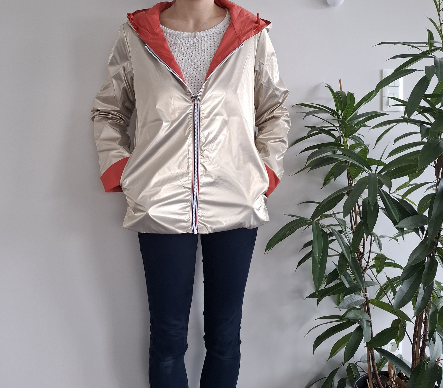 Laura Jo - Imperméable réversible court sans garnissage ouate couleur corail/doré