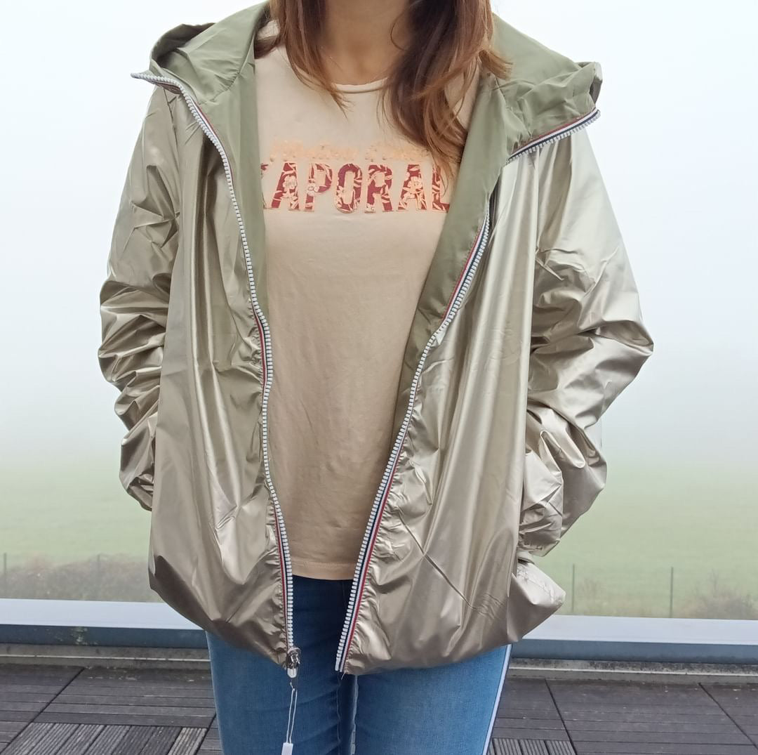 Melya Melody - Manteau court léger imperméable kaki réversible doré