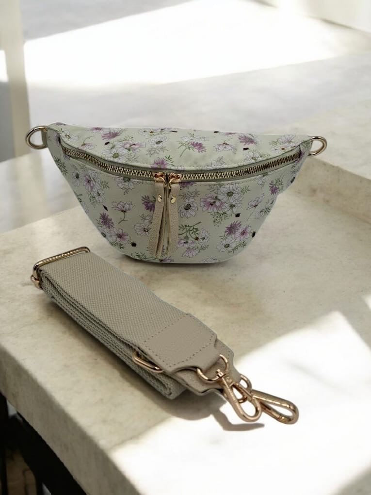 Sac banane en tissu coton blanc motif floral vert tres clair et rose