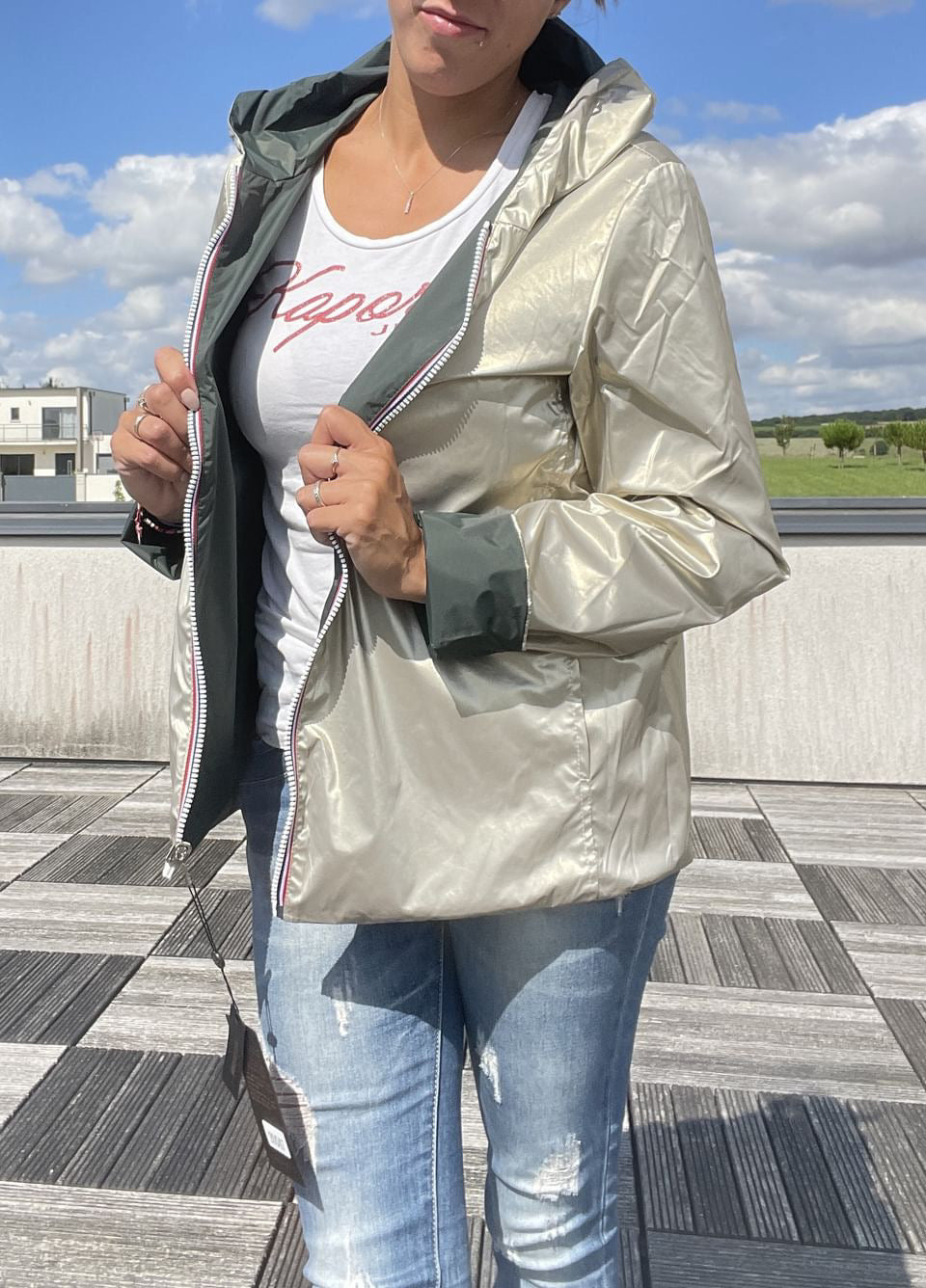 Laura Jo - Imperméable réversible court sans garnissage ouate couleur vert forêt/doré