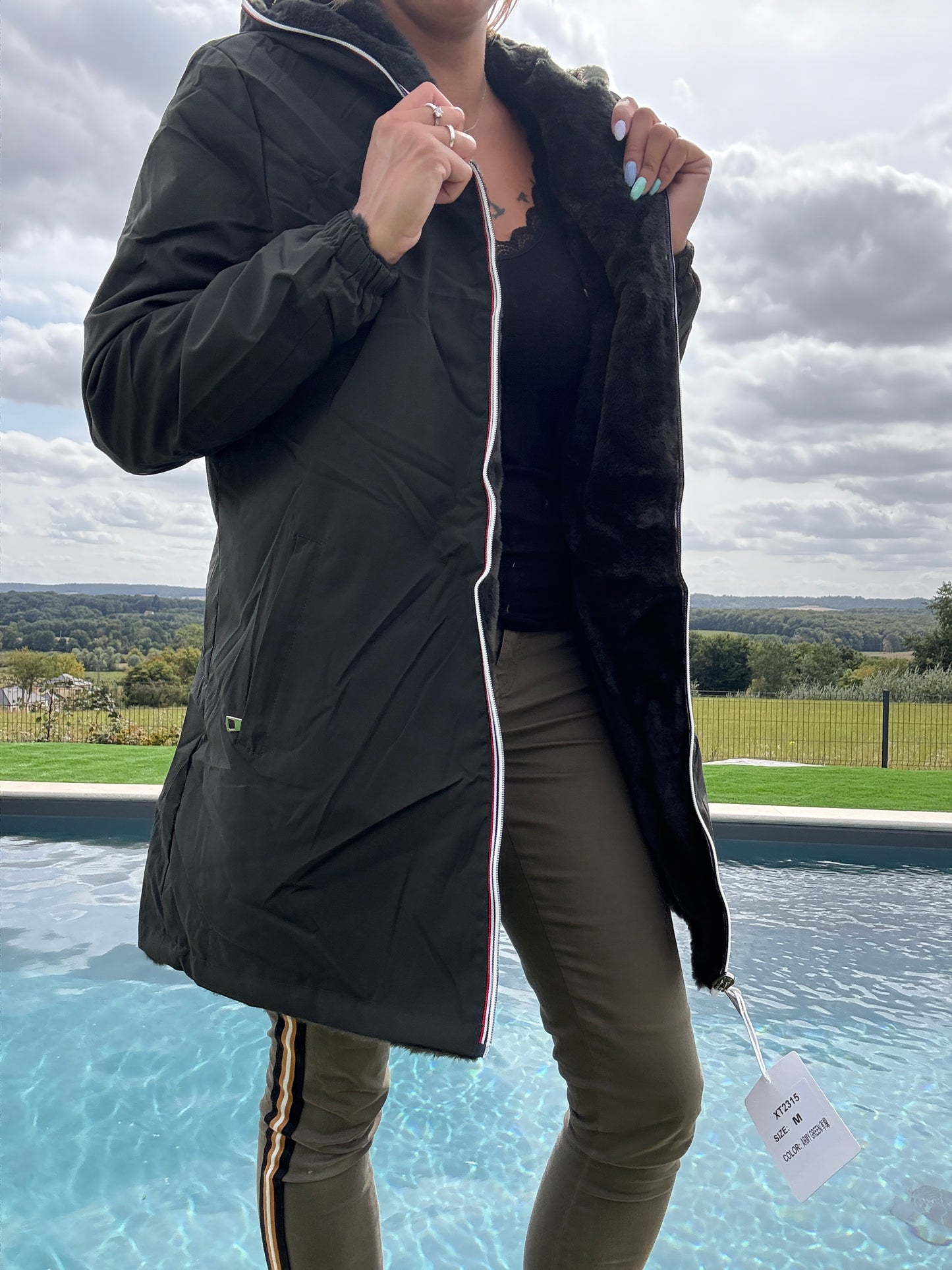 New Lolo - Manteau long kaki réversible imperméable fourré fausse fourrure