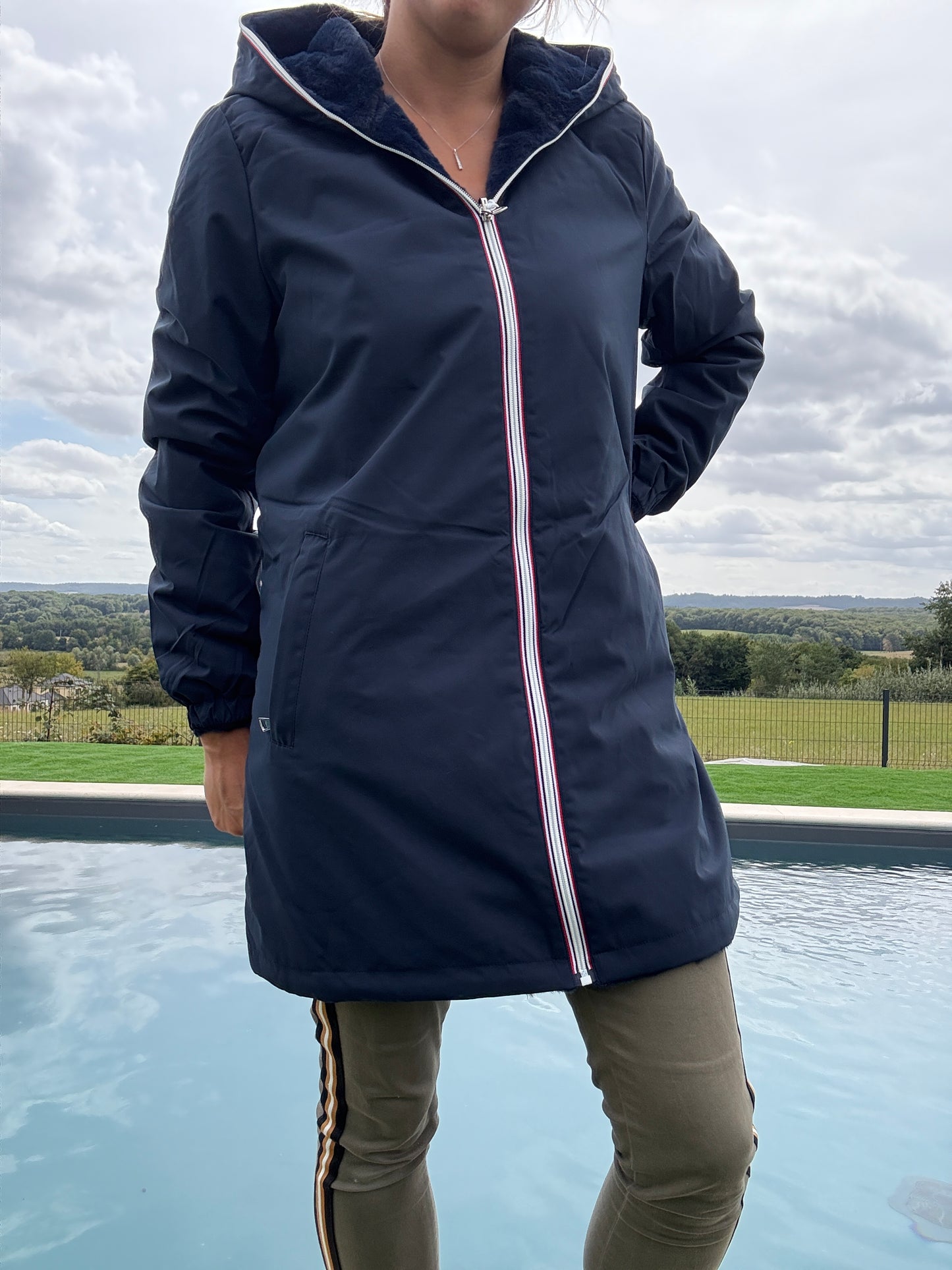 New Lolo - Manteau long bleu marine réversible imperméable fourré fausse fourrure - Curvy
