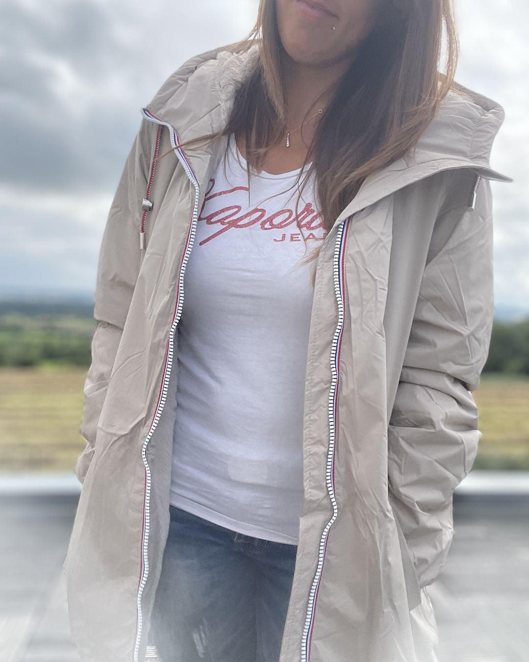 Laura Jo - Imperméable long doublé en fausse fourrure cordon tricolore couleur beige