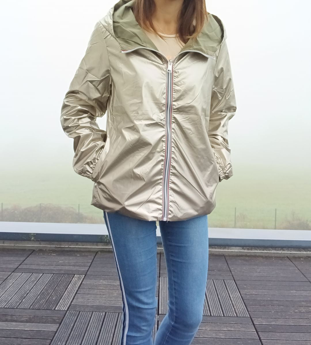 Melya Melody - Manteau court léger imperméable kaki réversible doré