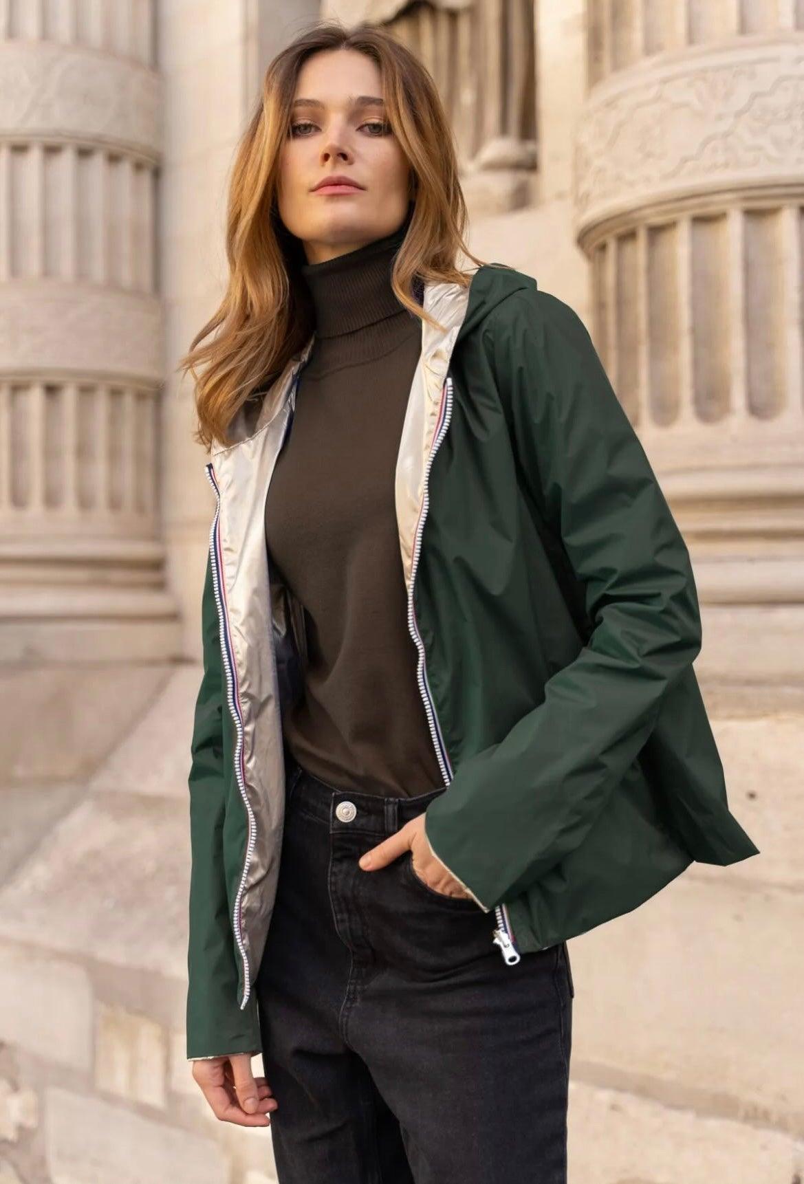 Laura Jo - Imperméable réversible court sans garnissage ouate couleur vert forêt/doré