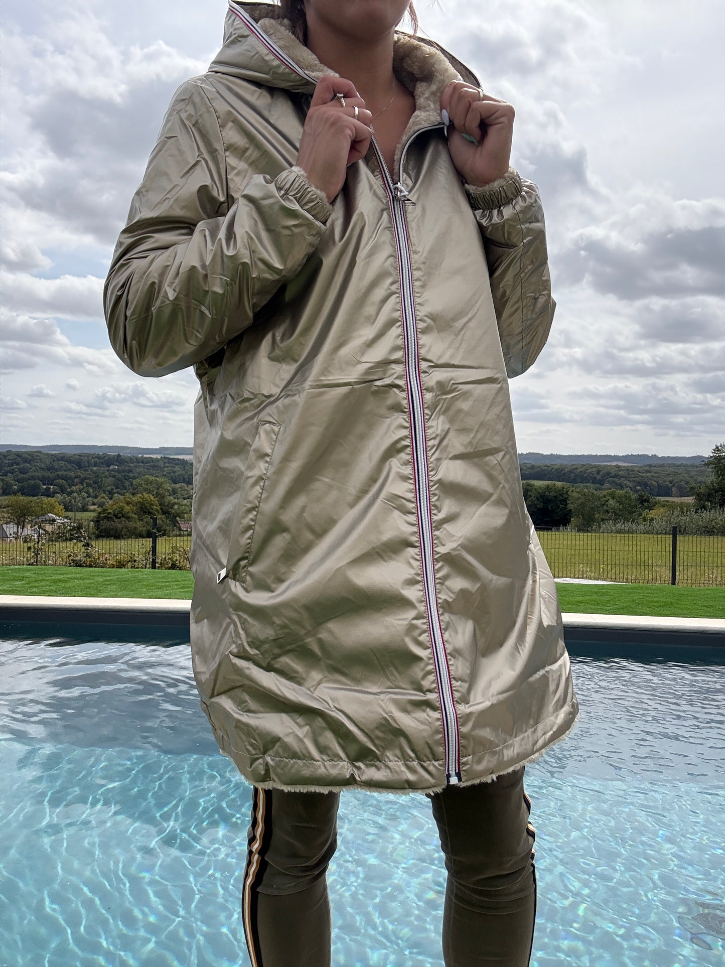 New Lolo - Manteau long doré réversible imperméable fourré fausse fourrure - Curvy