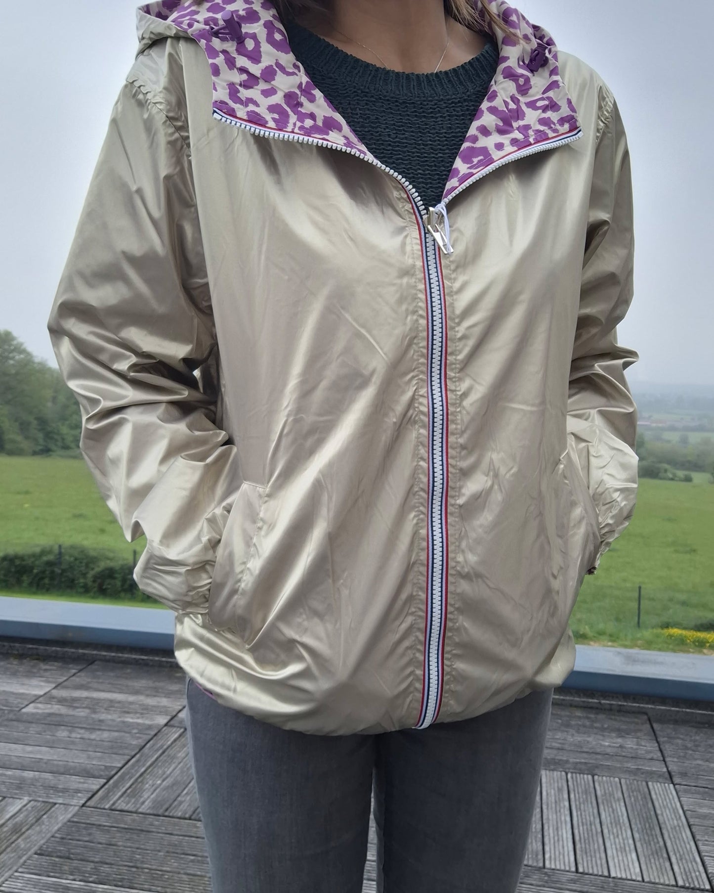 Escandelle - Parka imperméable courte Léopard violet réversible doré