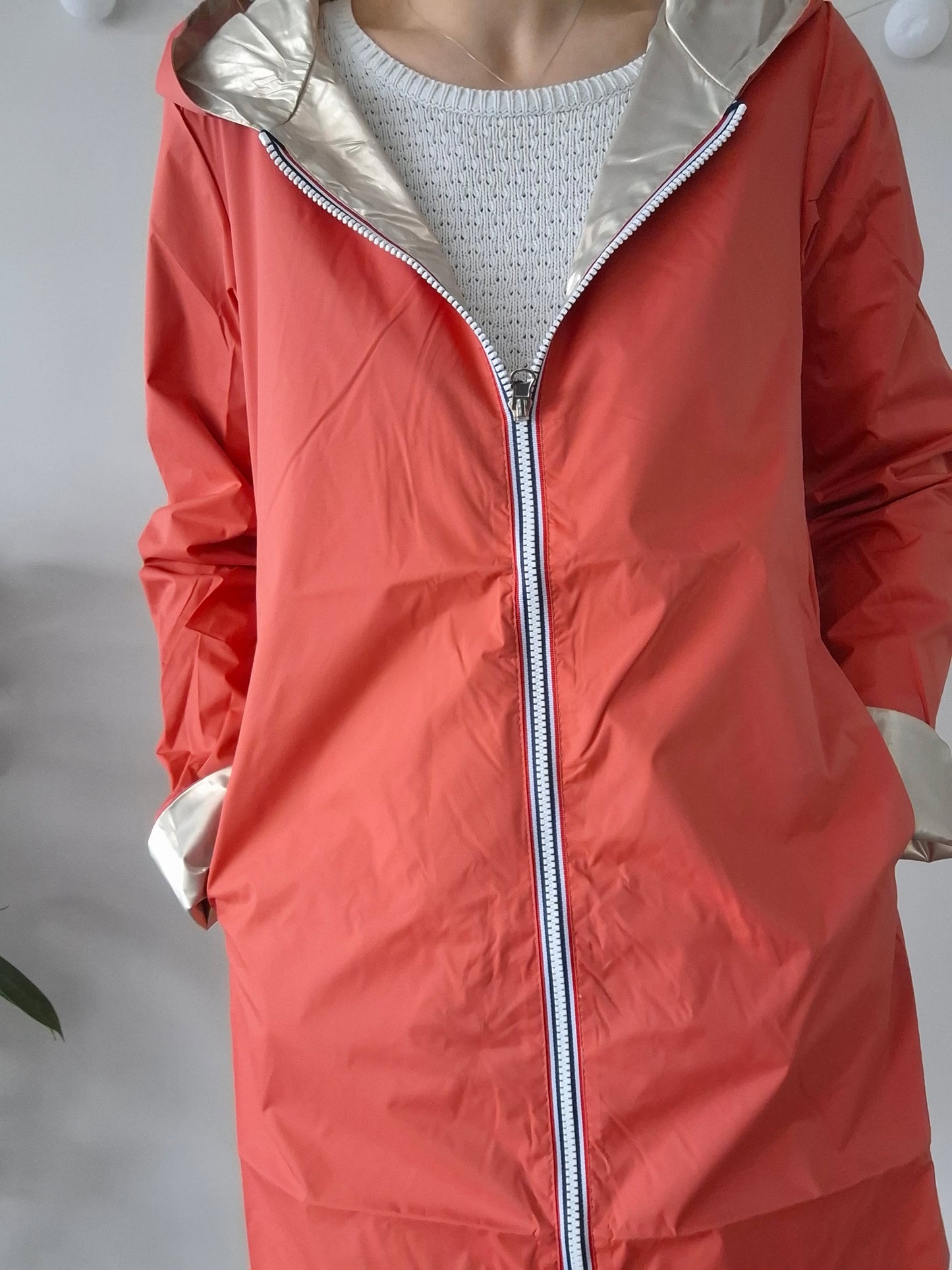Laura Jo - Imperméable réversible long sans garnissage ouate couleur corail/doré