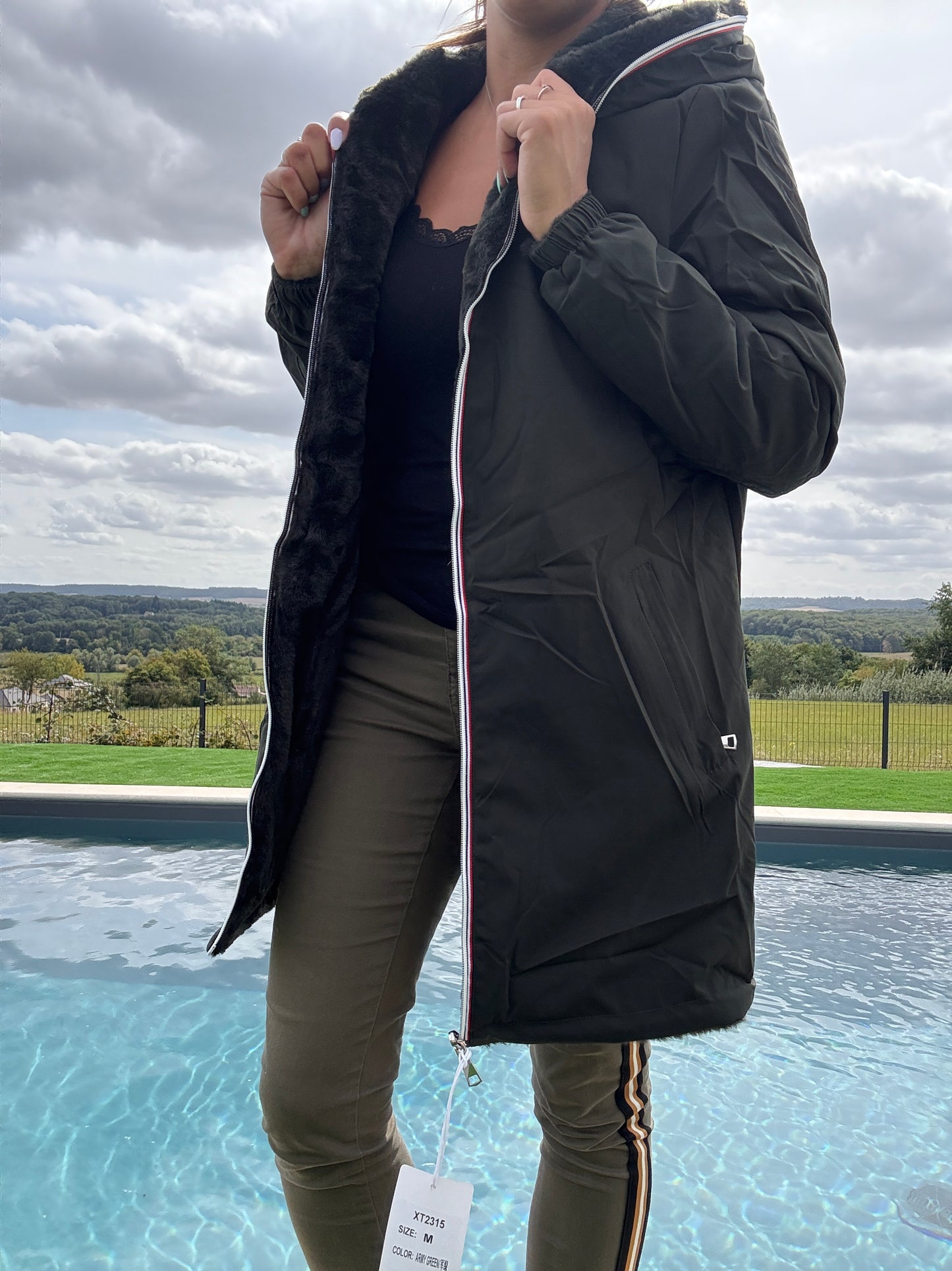 New Lolo - Manteau long kaki réversible imperméable fourré fausse fourrure