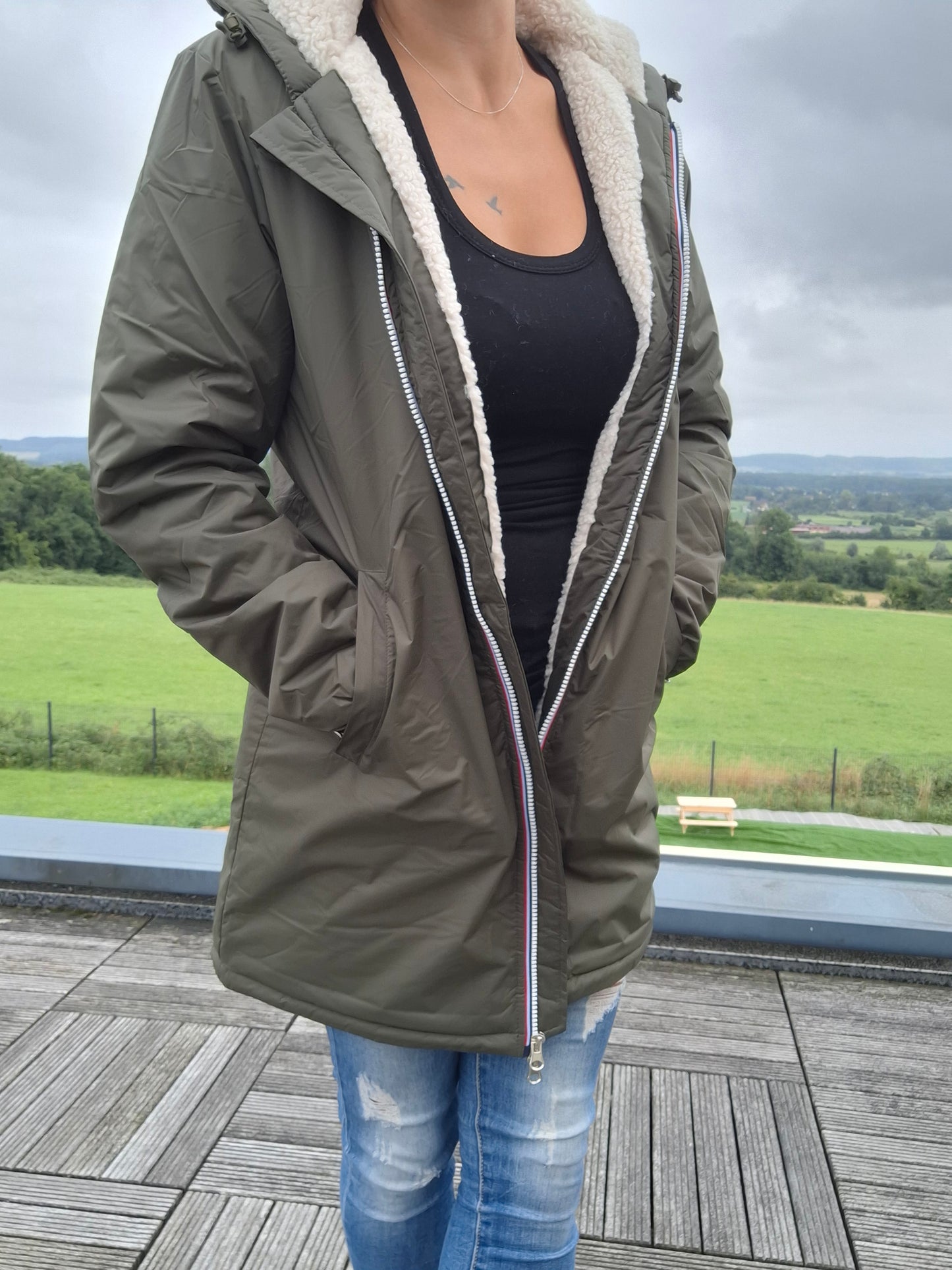 Laura Jo - Imperméable fourré long fausse fourrure kaki intérieur sherpa beige