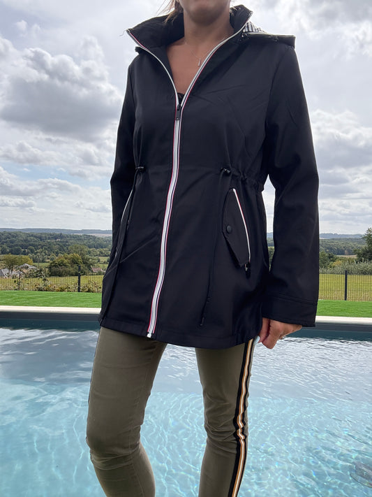 New Lolo - Manteau mi long deperlant léger noir capuche intérieur marin rayé noir blanc