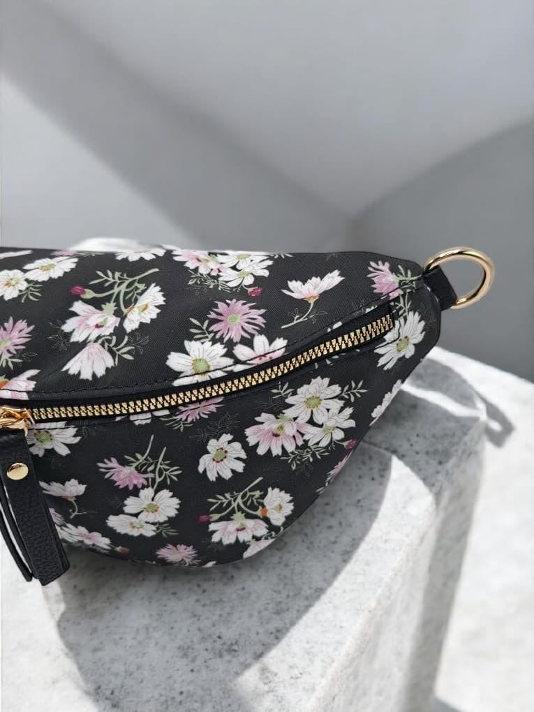 Sac banane en tissu coton liberty noir motifs fleuris blanc et rose