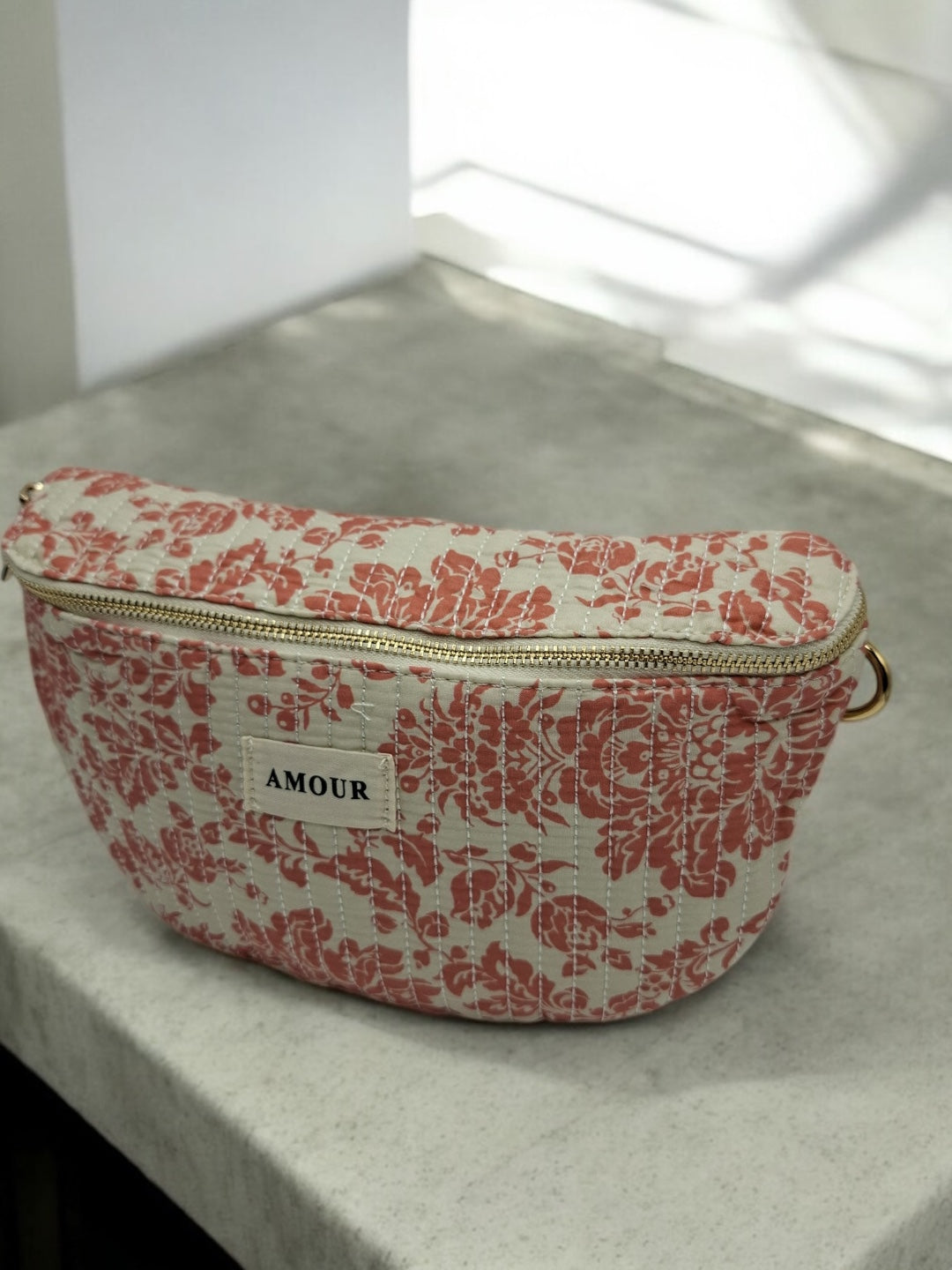 Sac banane coton matelassé blanc liberty fleuri corail creme