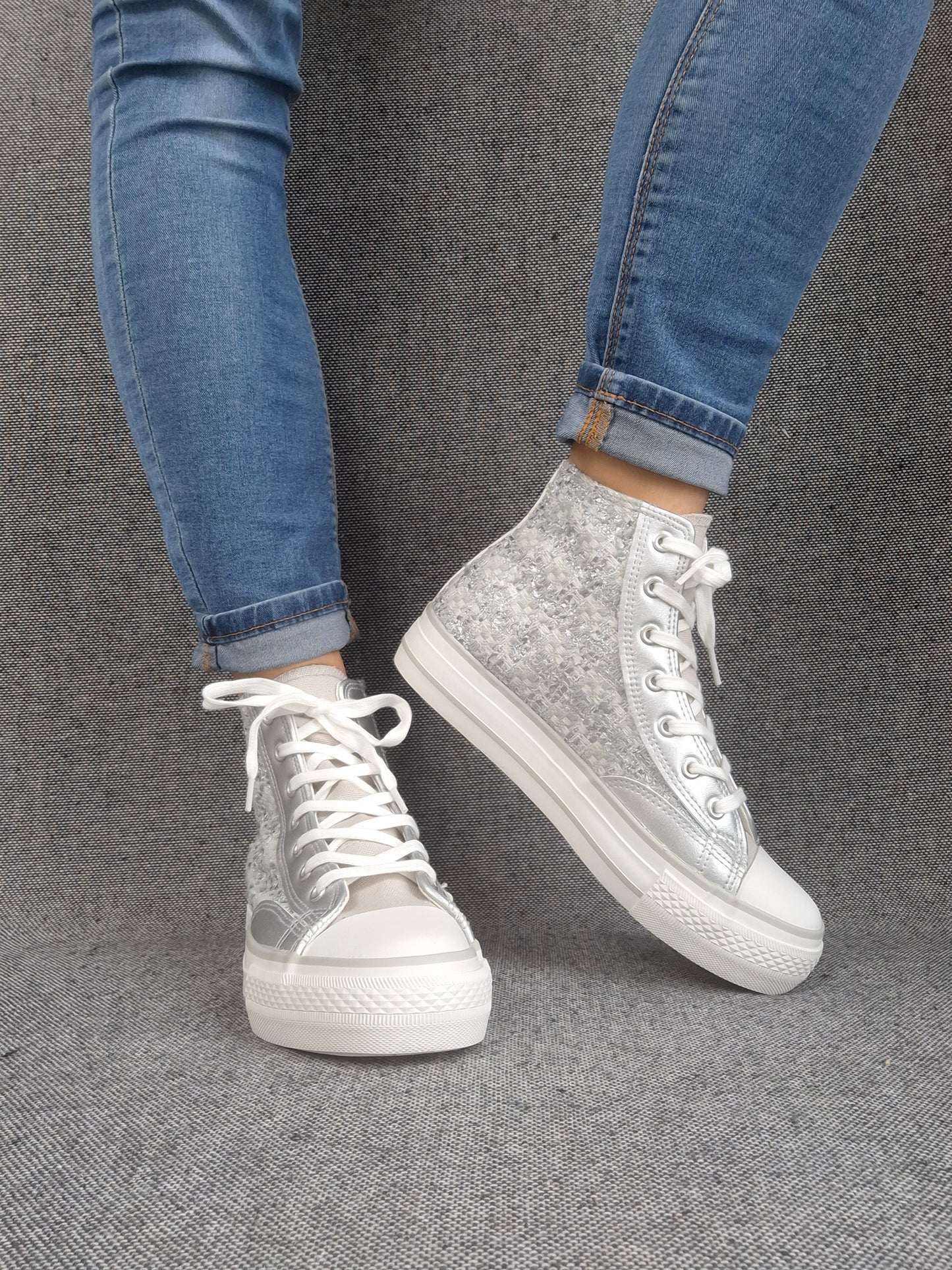 Chaussures baskets hautes en tweed argenté style converse
