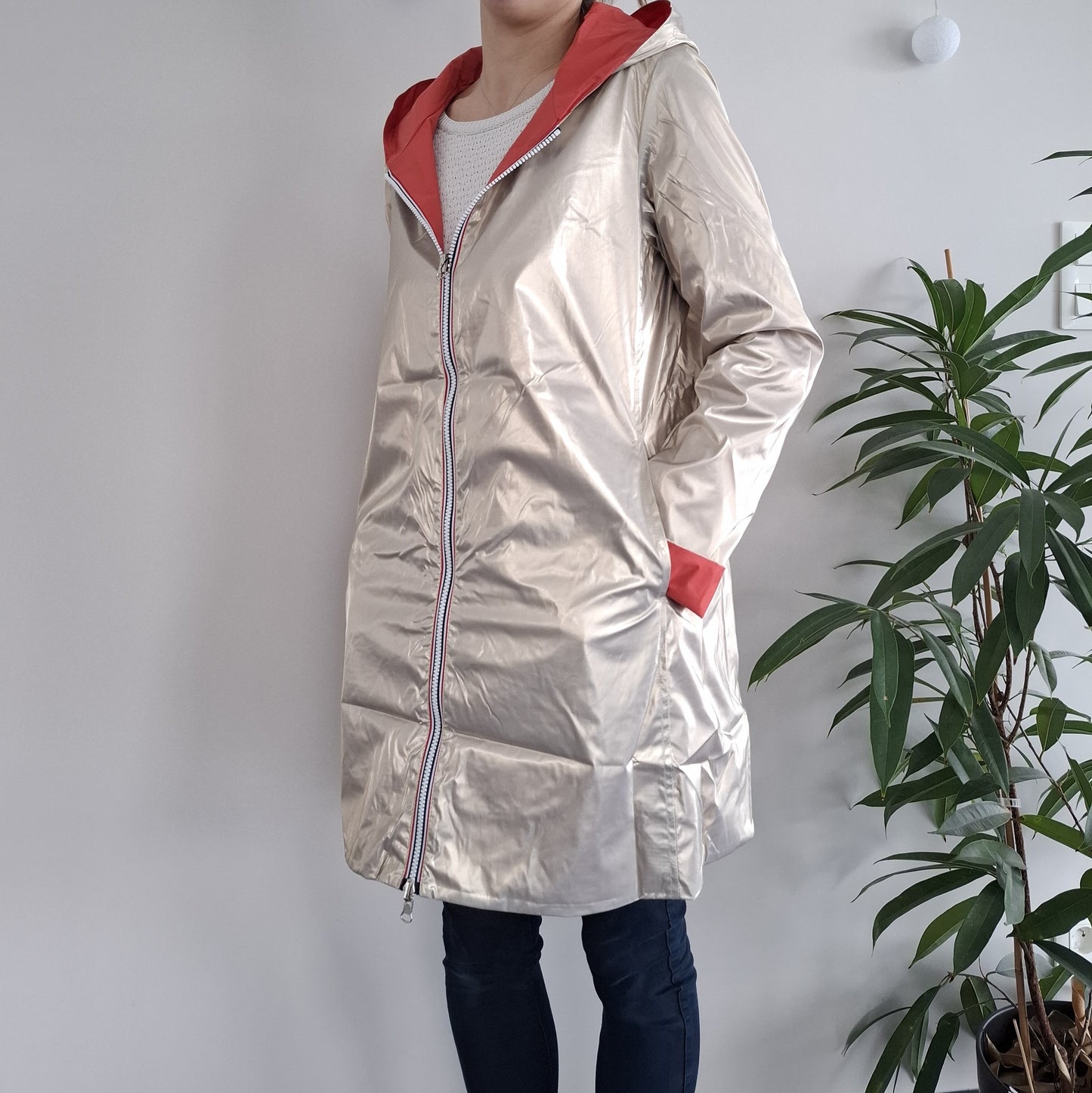 Laura Jo - Imperméable réversible long sans garnissage ouate couleur corail/doré