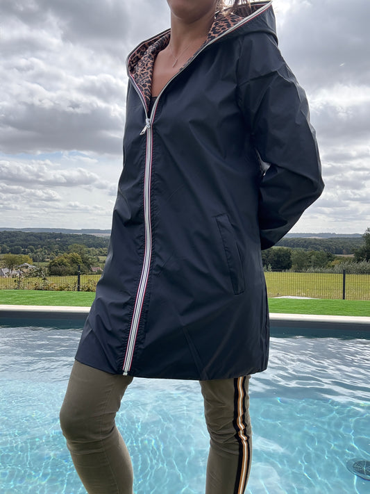 New Lolo - Imperméable réversible long sans garnissage ouate couleur bleu marine/léopard
