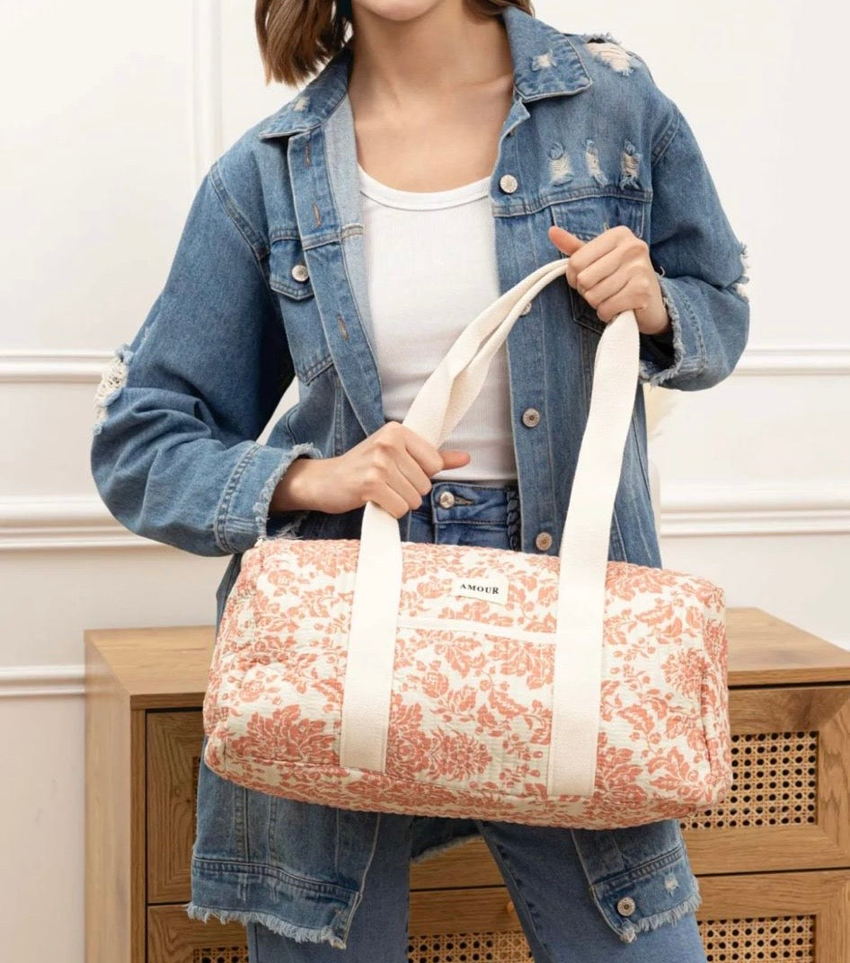 Nouveautés - Sac polochon blanc en coton liberty fleuri corail