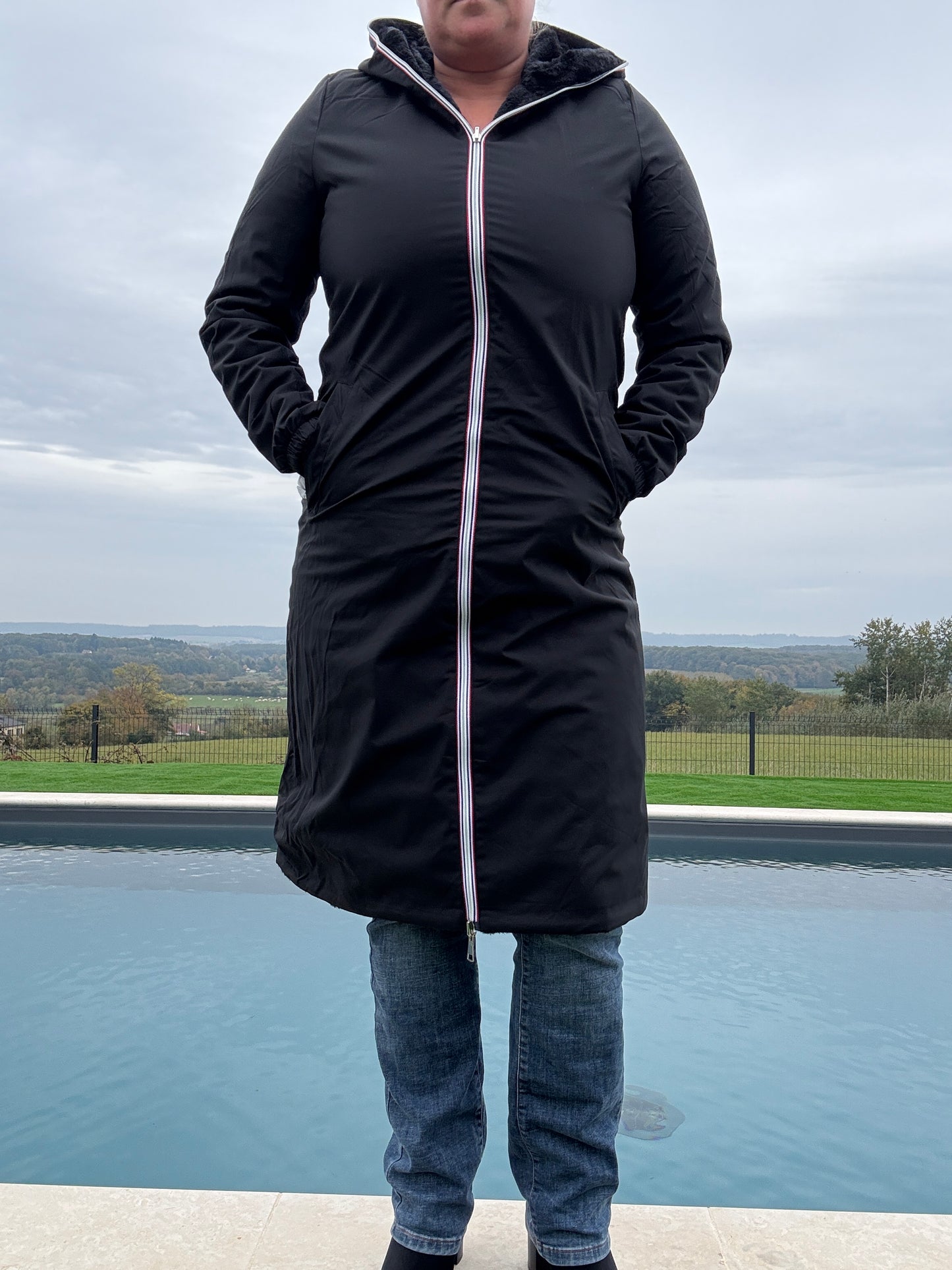 New Lolo - Manteau chaud long hauteur genoux noir fourré complet réversible imperméable