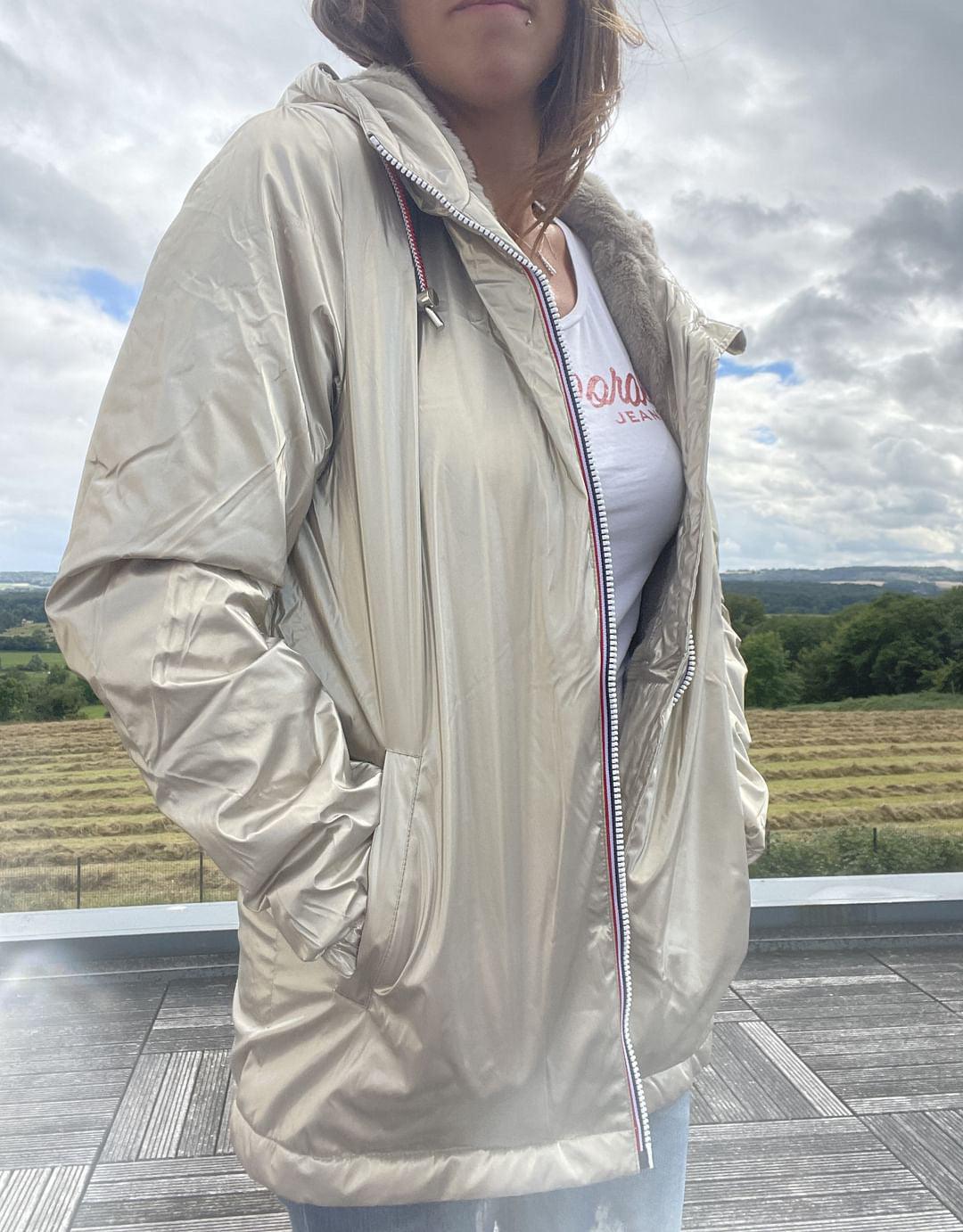 Laura Jo - Imperméable mi long doublé en fausse fourrure cordon tricolore couleur doré