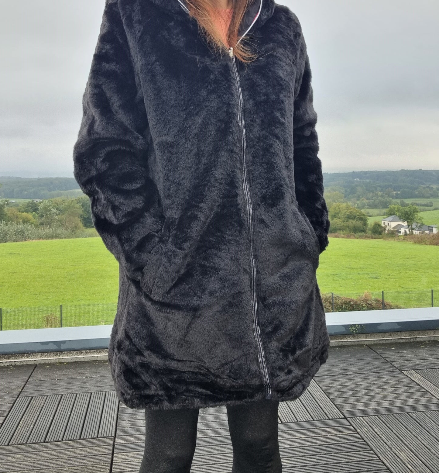 New Lolo - Manteau long NOIR réversible, imperméable et complètement fourré non resserrable à la taille
