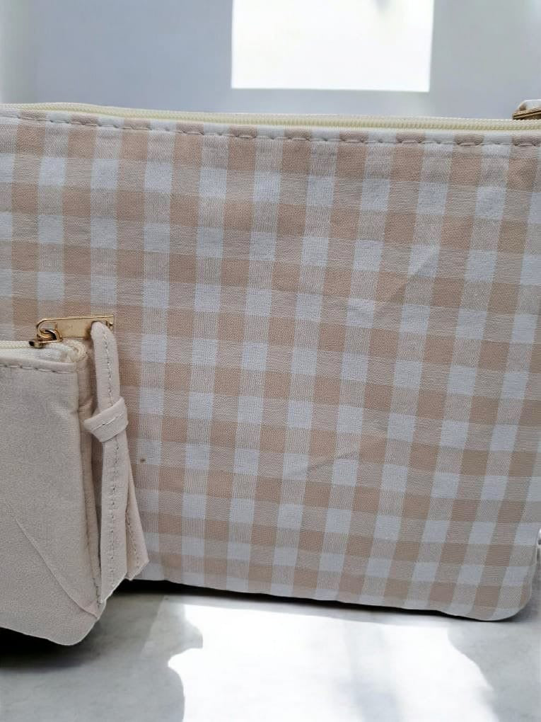 Pochette et trousse en coton vichy motifs à carreaux beige et crème