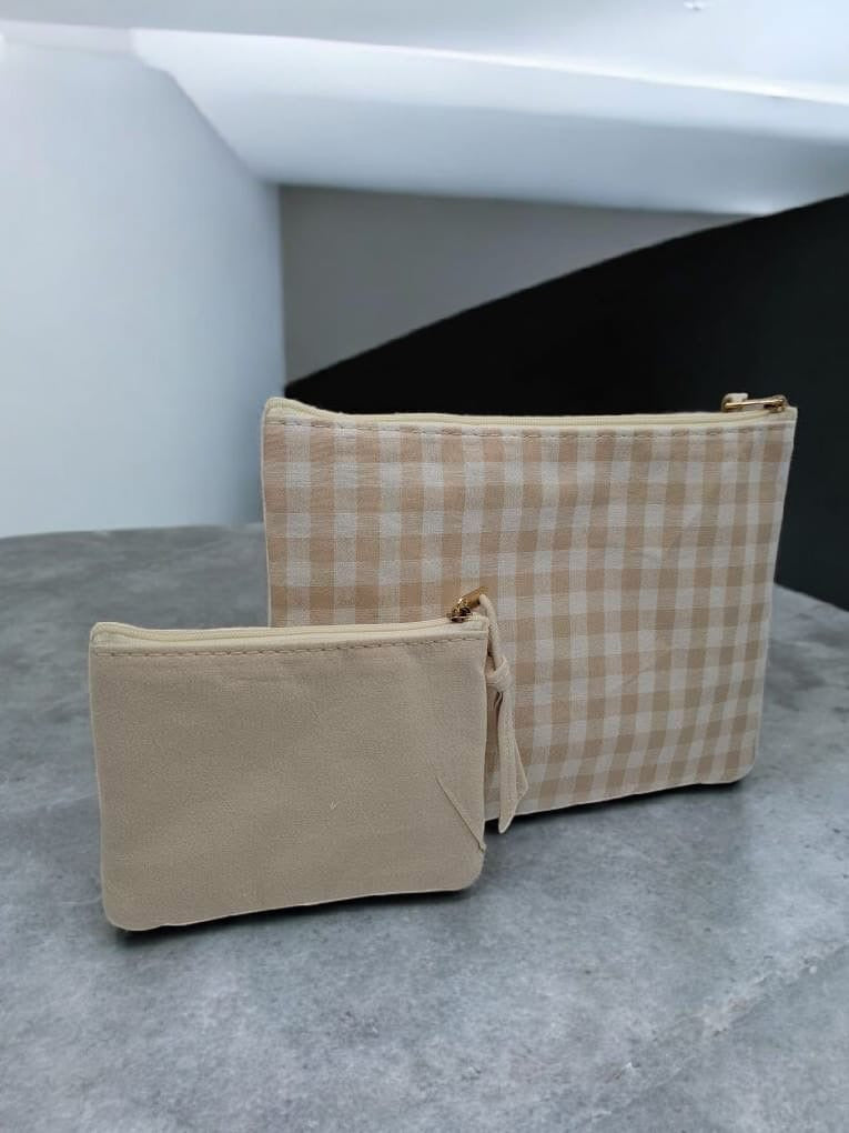 Pochette et trousse en coton vichy motifs à carreaux beige et crème