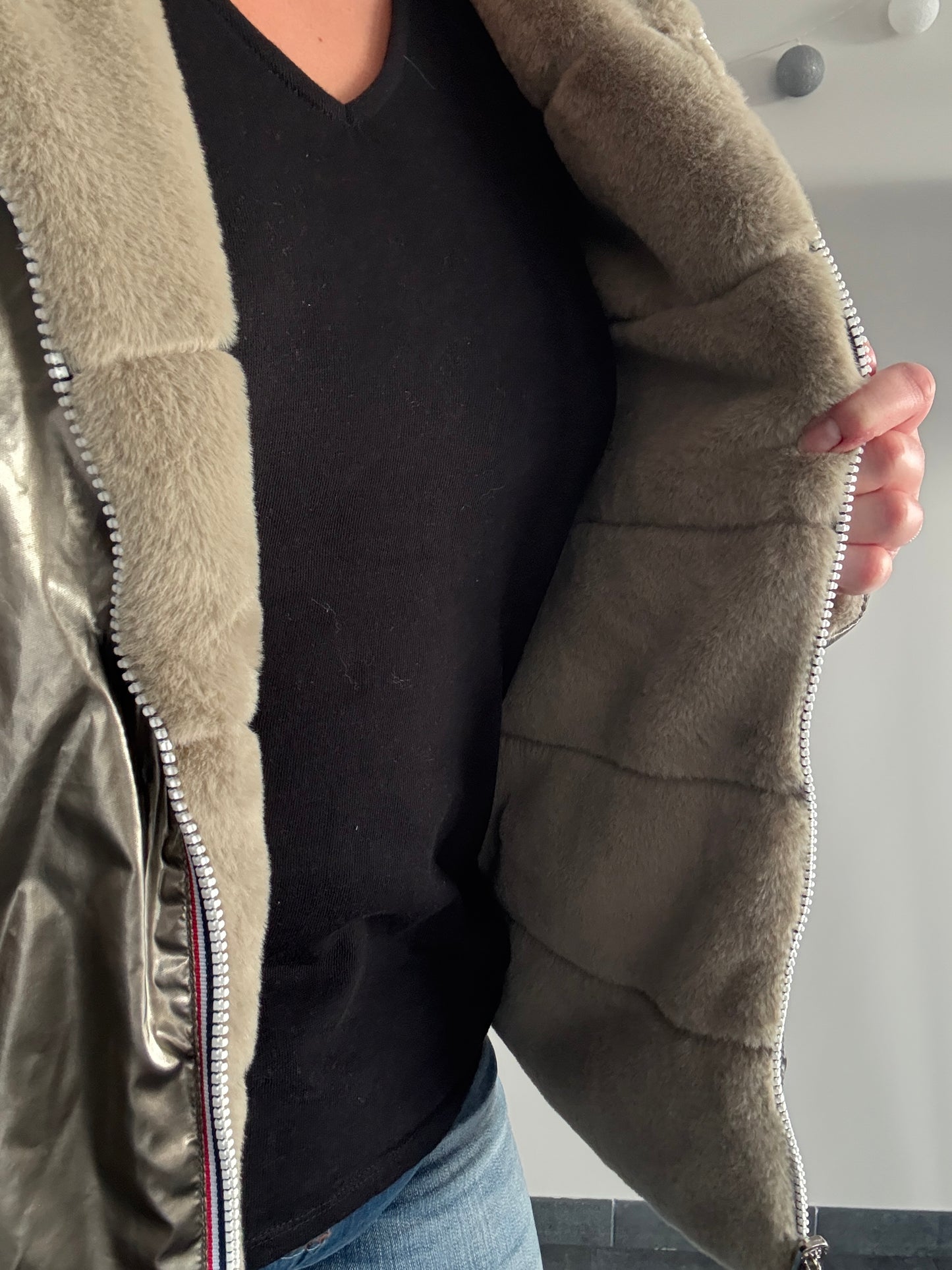 Laura Jo - Manteau imperméable court bronze fourré et réversible