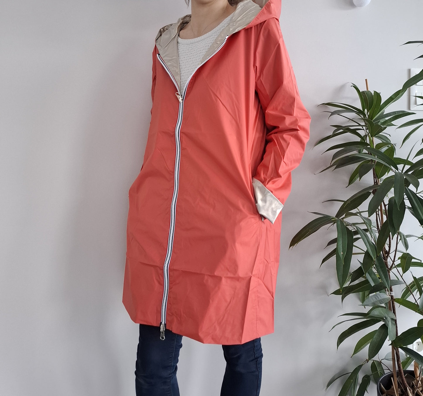 Laura Jo - Imperméable réversible long sans garnissage ouate couleur corail/doré