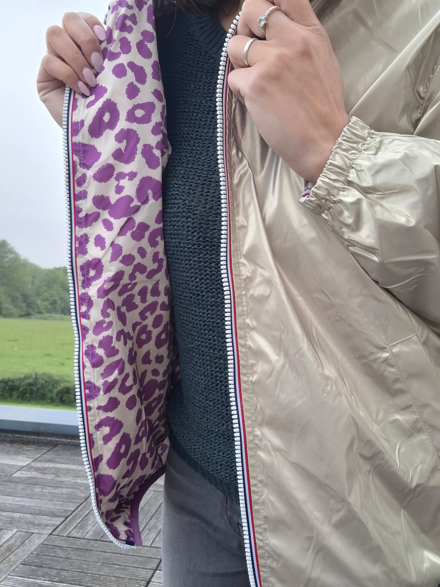Escandelle - Parka imperméable courte Léopard violet réversible doré