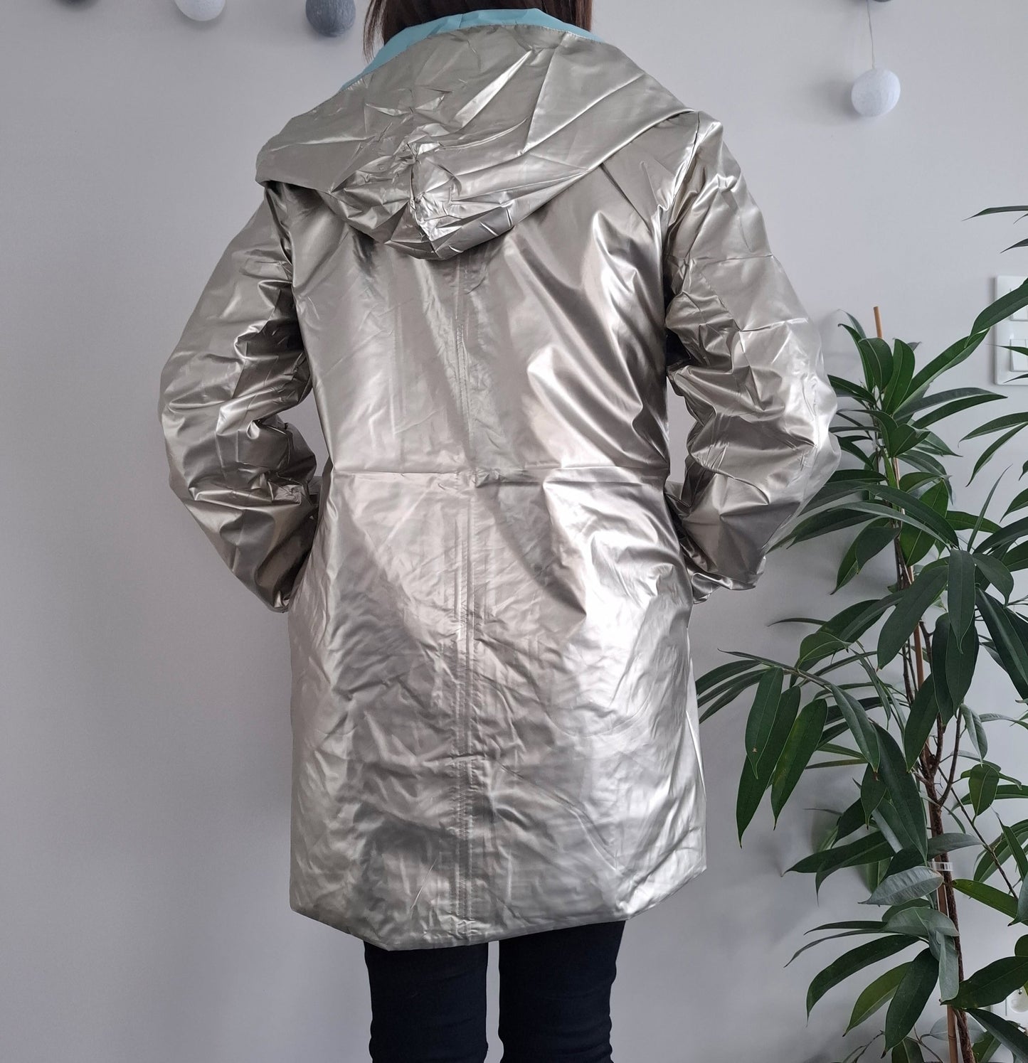 Melya Melody - Imperméable réversible mi-long sans garnissage ouate couleur bleu ciel/doré