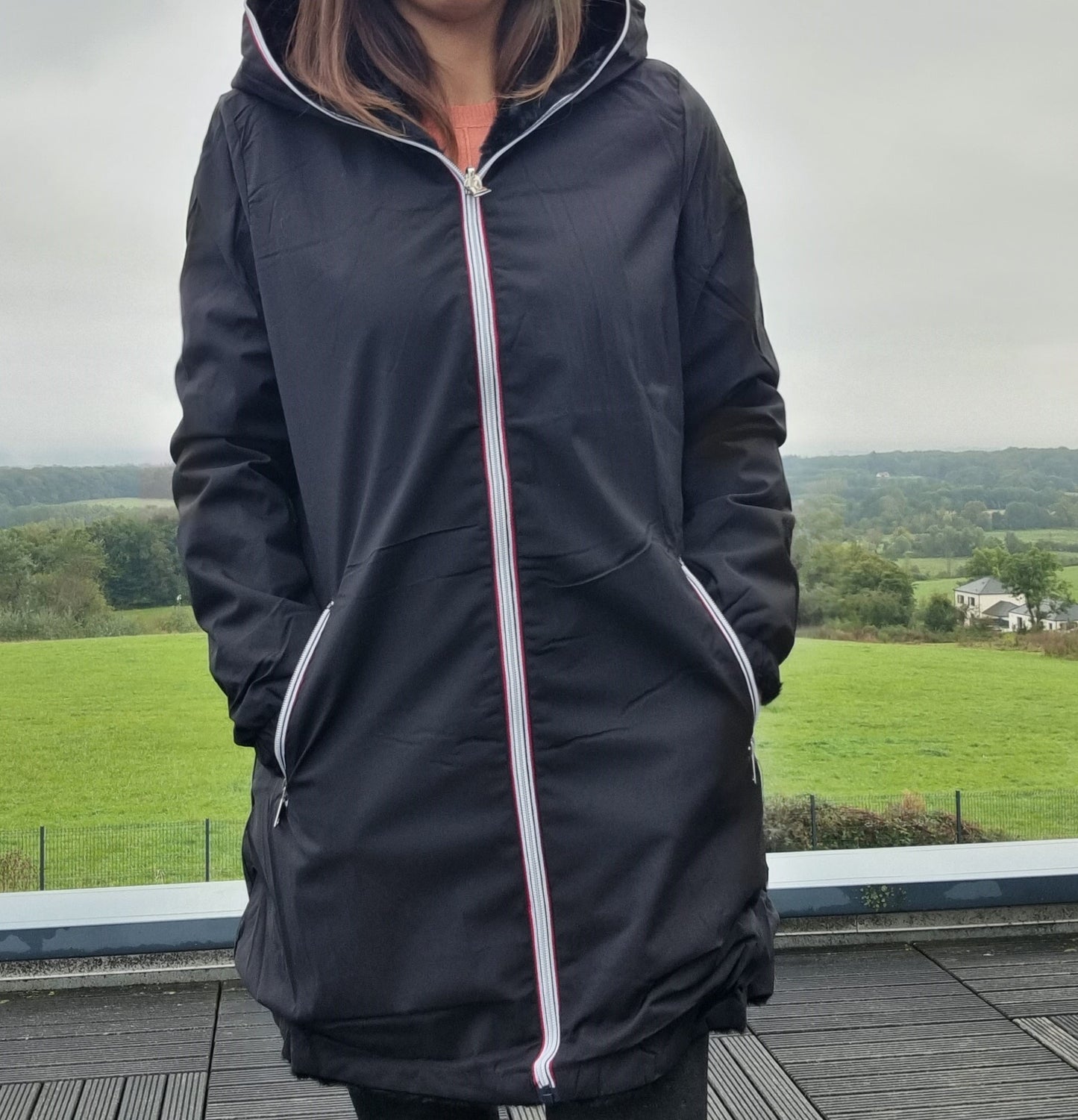 New Lolo - Manteau long NOIR réversible, imperméable et complètement fourré non resserrable à la taille