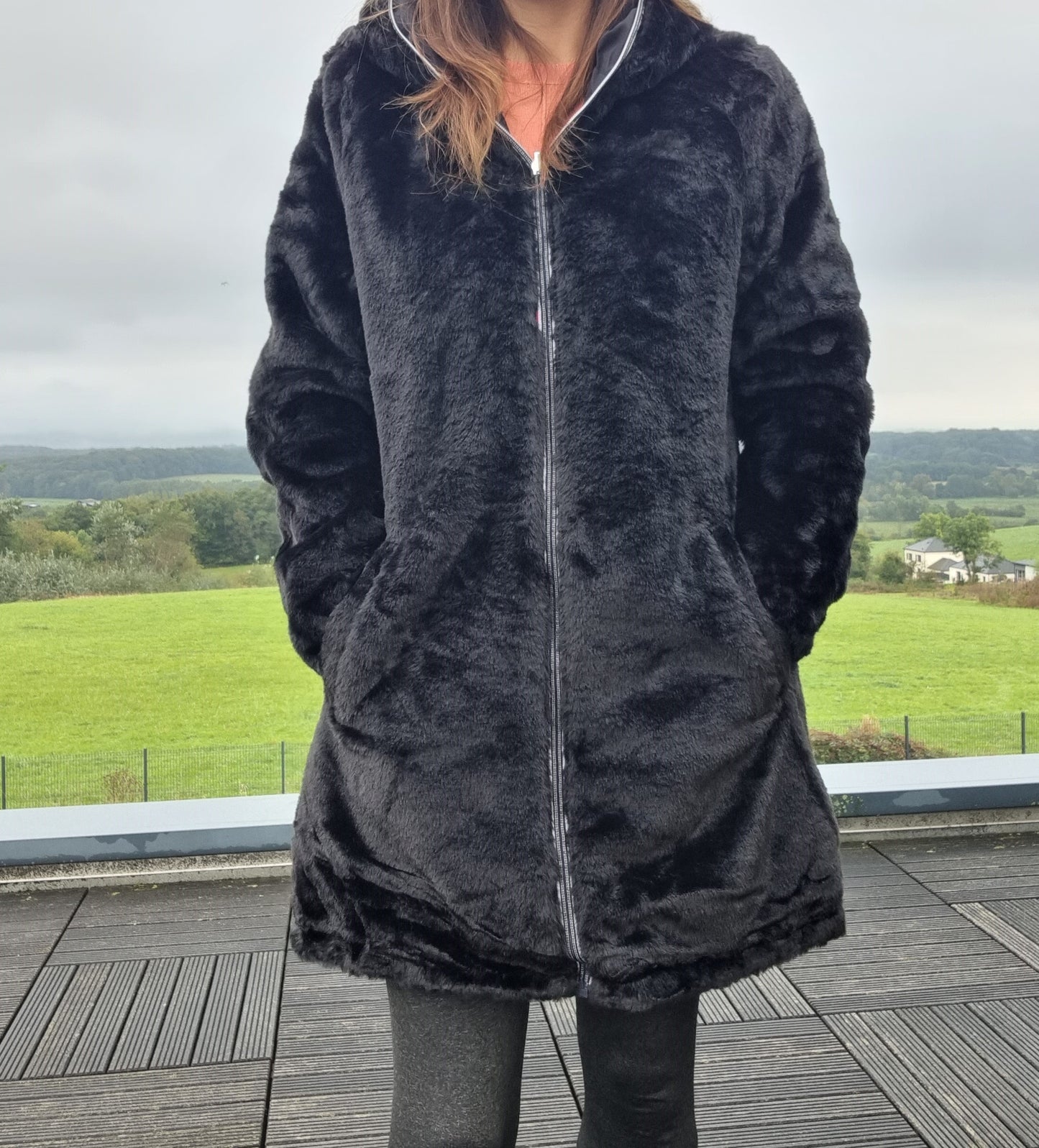 New Lolo - Manteau long NOIR réversible, imperméable et complètement fourré non resserrable à la taille