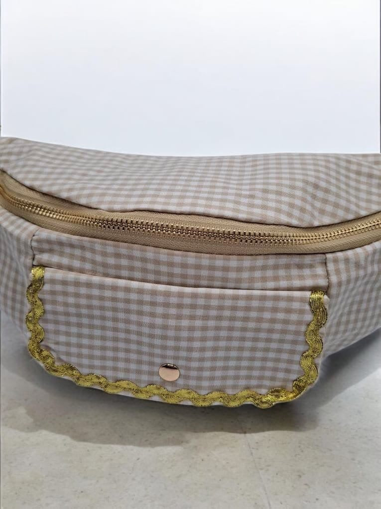 Sac banane en coton motif vichy beige et blanc 2 poches