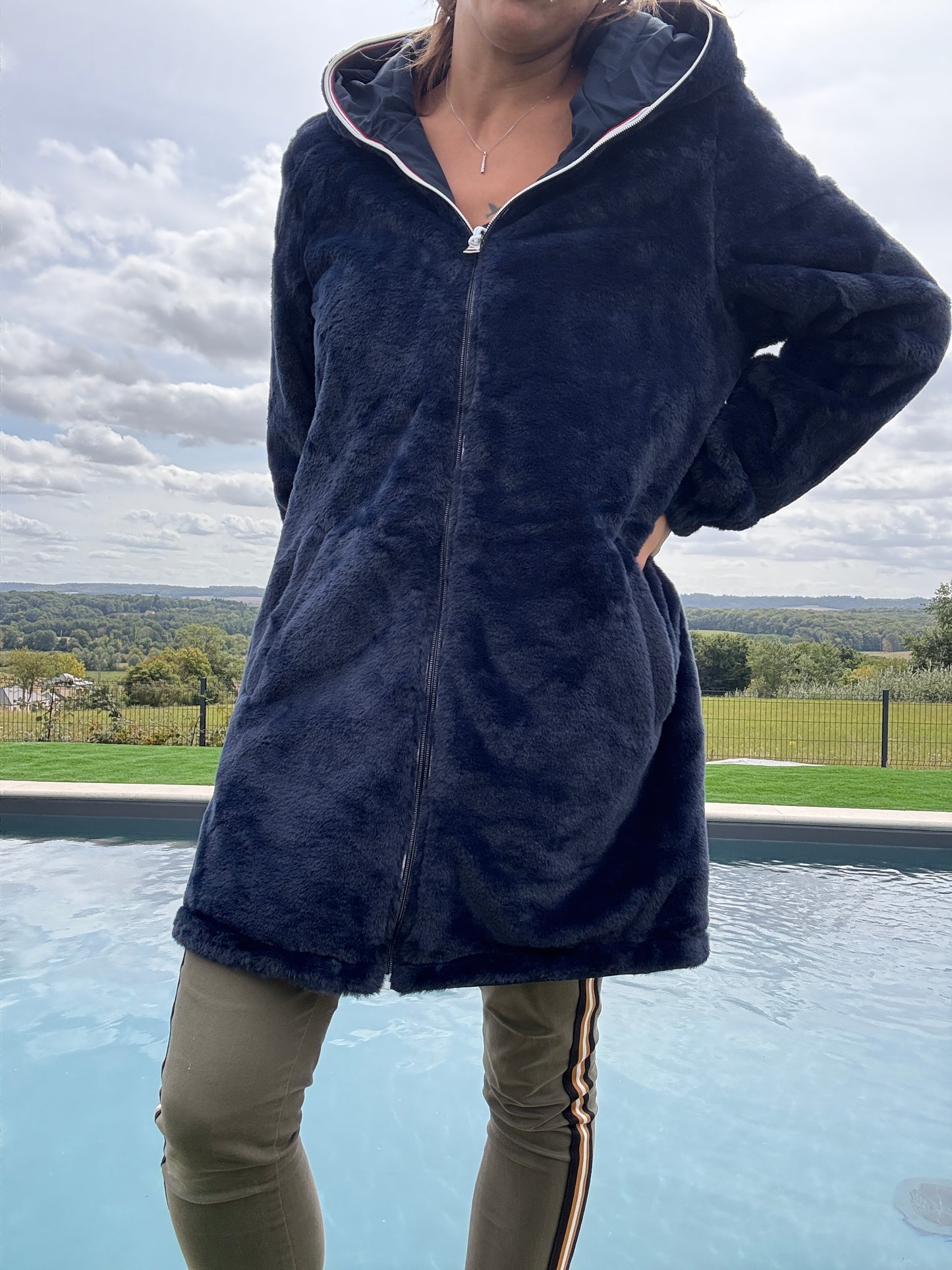 New Lolo - Manteau long bleu marine réversible imperméable fourré fausse fourrure - Curvy