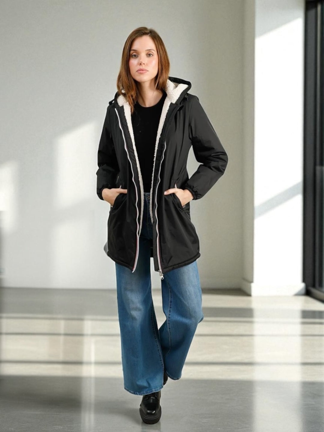 Laura Jo - Imperméable fourré long fausse fourrure noir intérieur sherpa beige