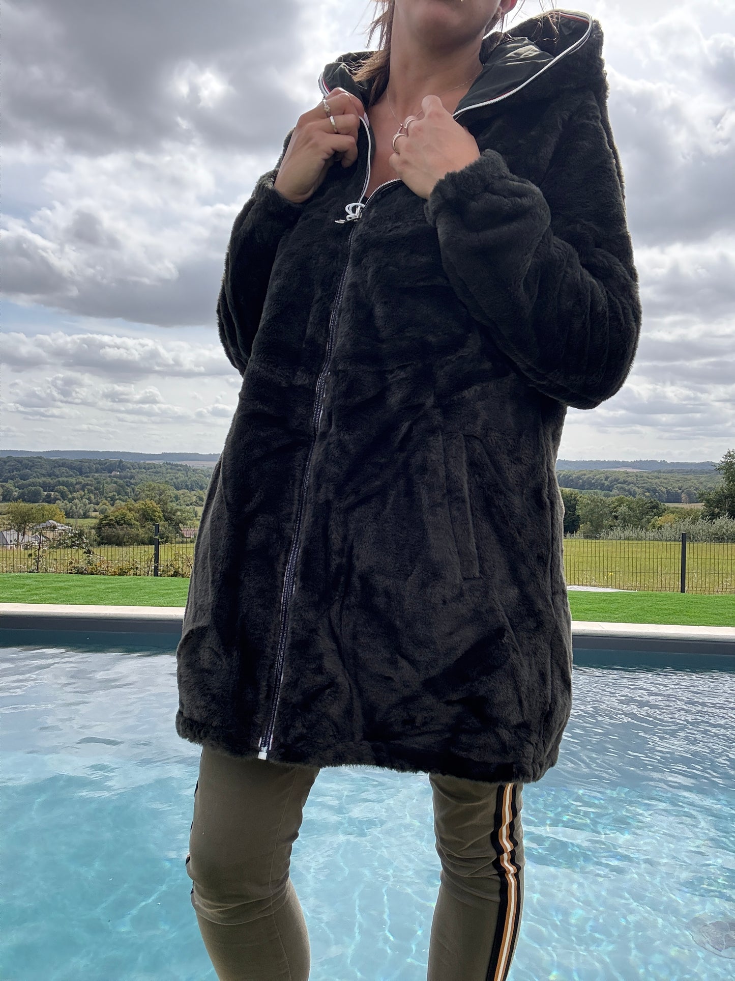New Lolo - Manteau long kaki réversible imperméable fourré fausse fourrure