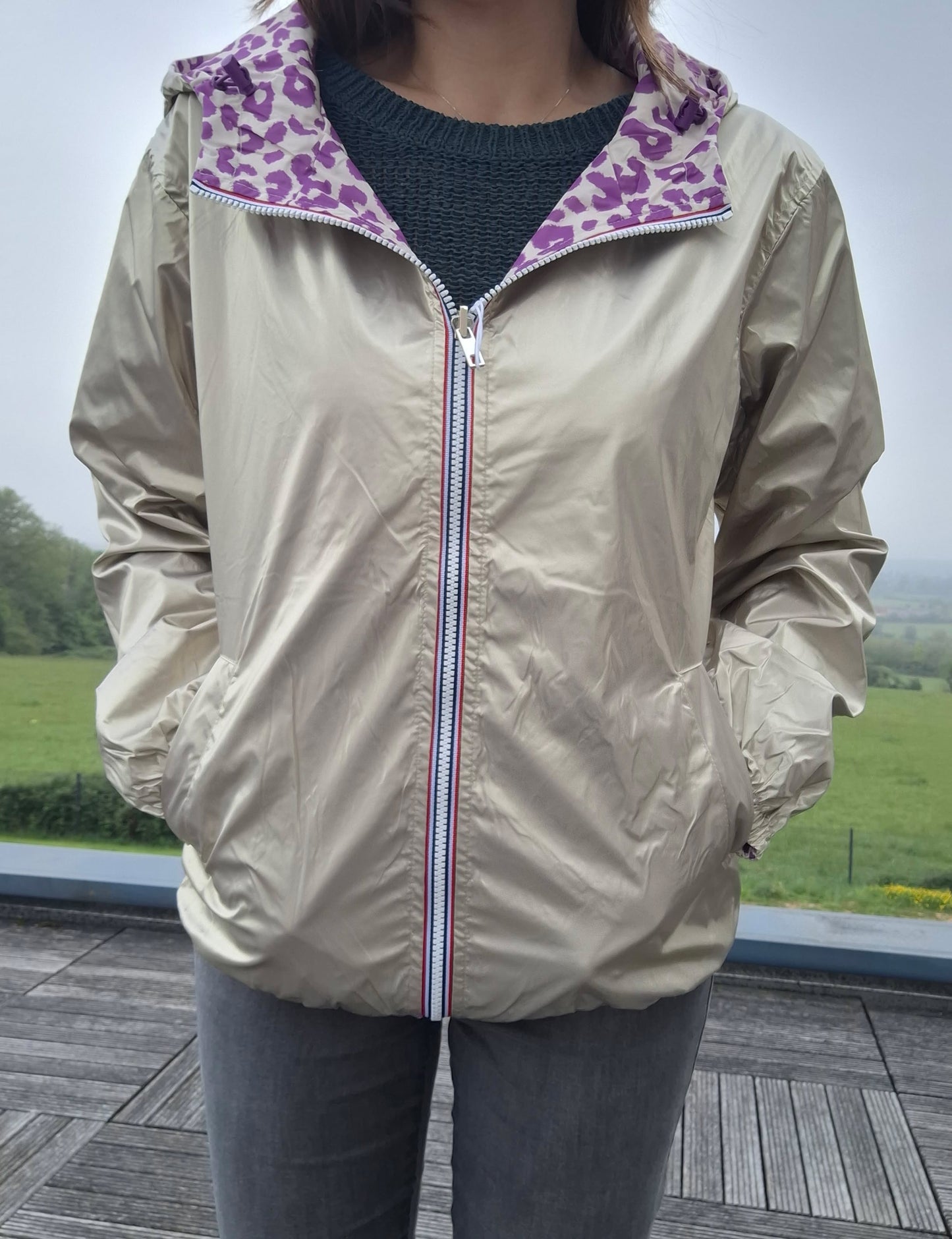 Escandelle - Parka imperméable courte Léopard violet réversible doré