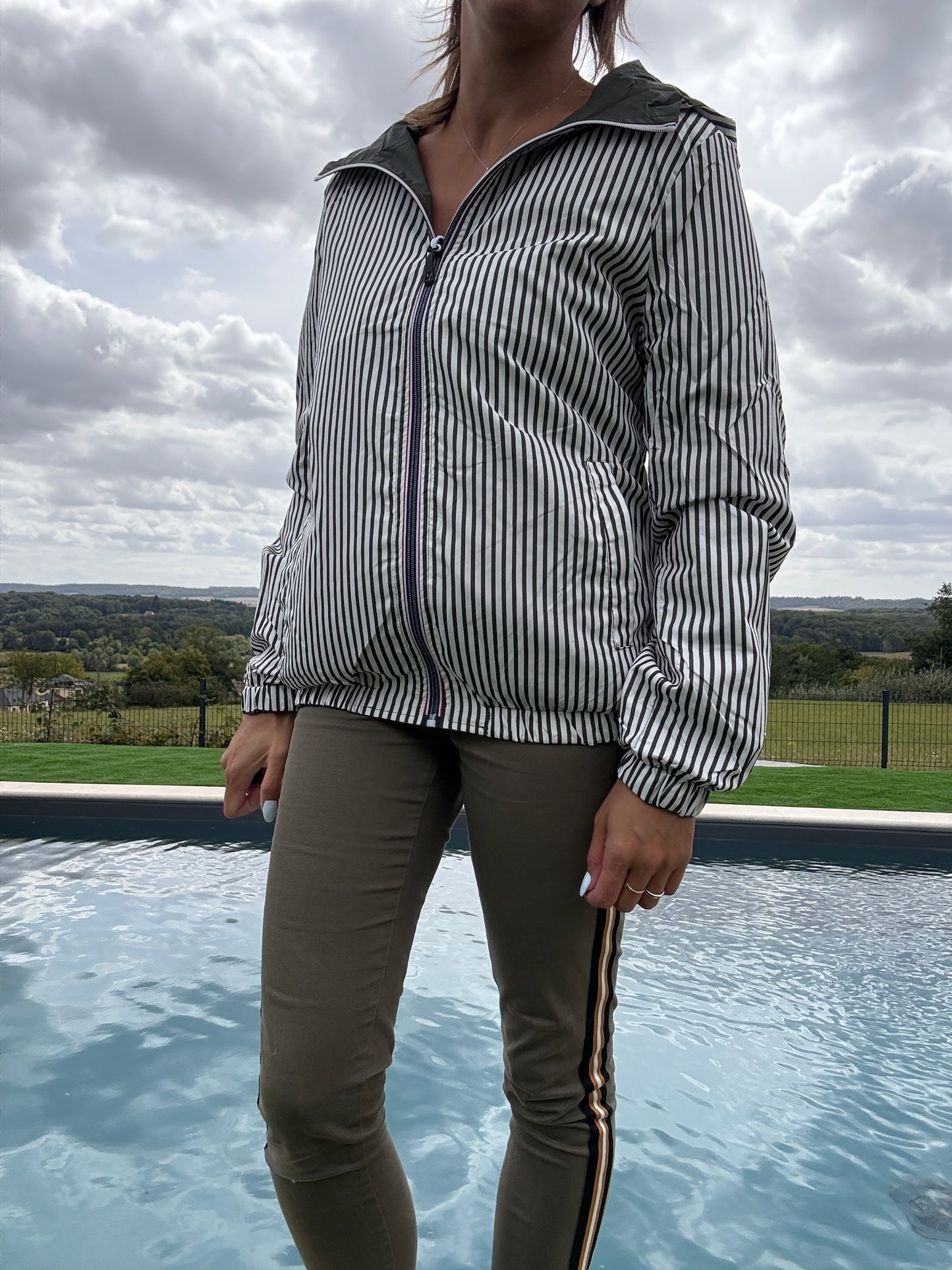 New Lolo - Manteau court mi fesses imperméable réversible kaki capuche intérieur marin kaki blanc - Curvy